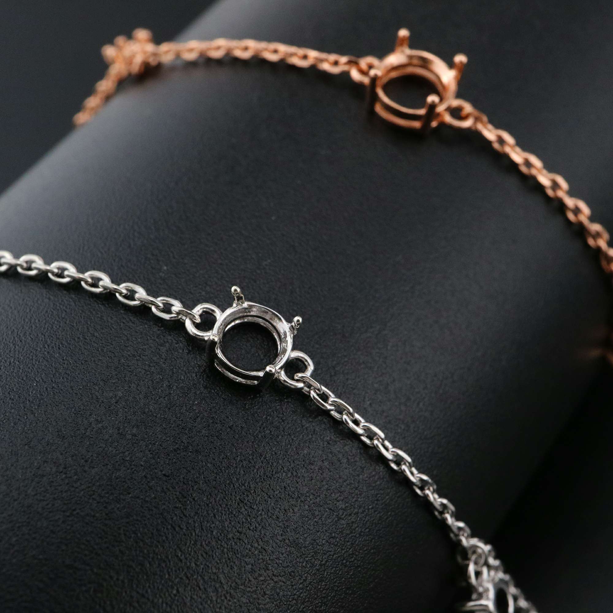 1Pcs Three Stones Round Prong Bracelet Settings Rose Gold Plated Solid 925 Sterling Silver Bezel Tray for Gemstone 8''+2'' 1900241 - Click Image to Close
