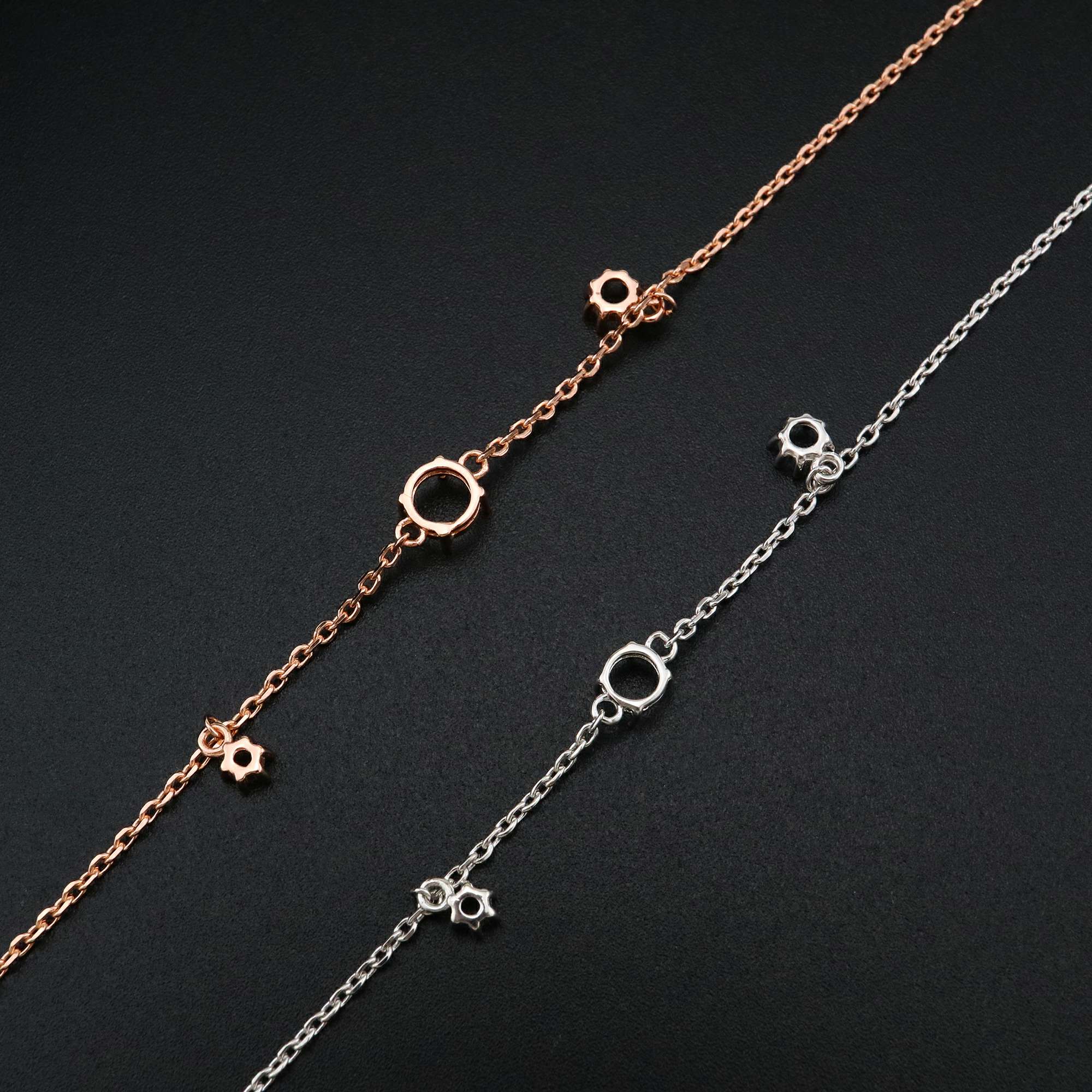 1Pcs Three Stones Round Prong Bracelet Settings Rose Gold Plated Solid 925 Sterling Silver Bezel Tray for Gemstone 8''+2'' 1900241 - Click Image to Close