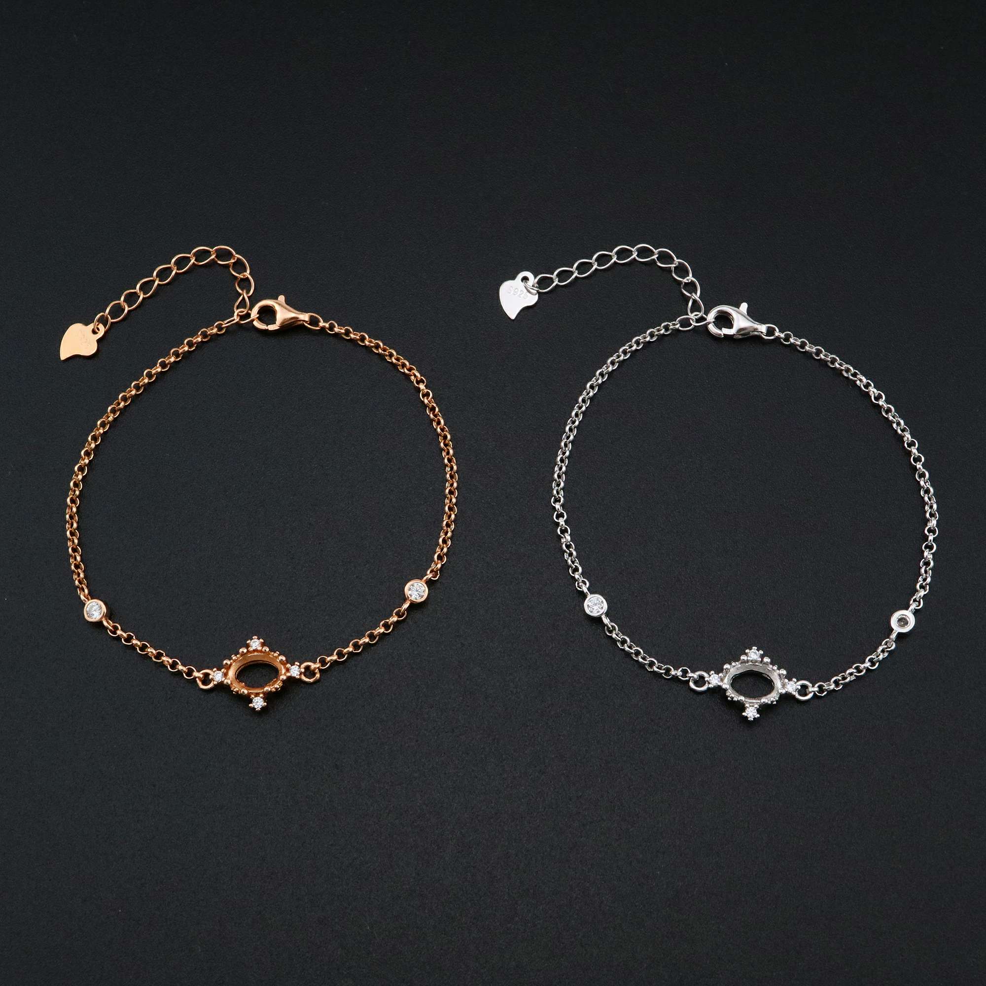 1Pcs 5x7MM Oval Prong Bezel Bracelet Settings Rose Gold Plated Solid 925 Sterling Silver Tray for Gemstone 6''+1.6'' 1900242 - Click Image to Close