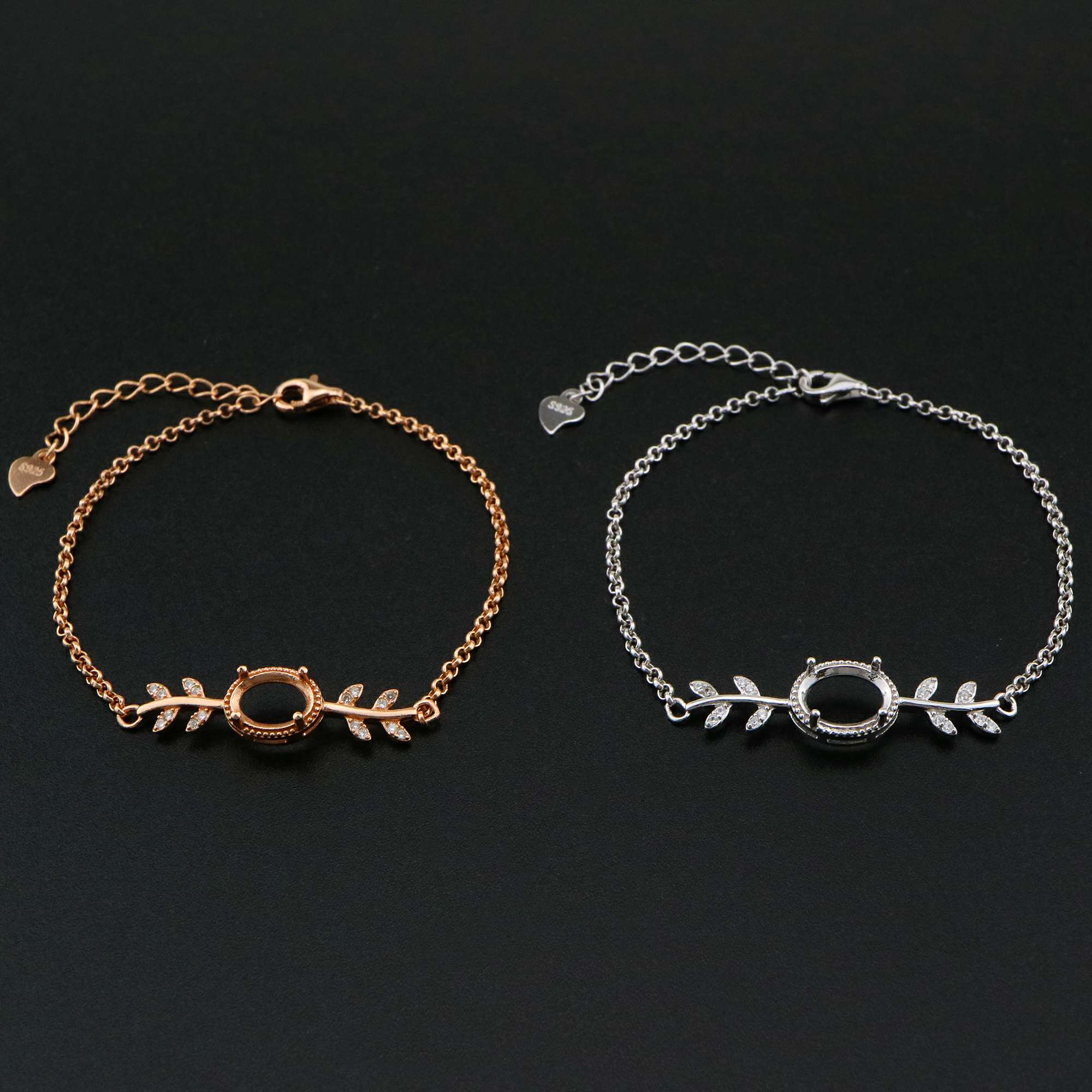 1Pcs Oval Prong Bezel Bracelet Settings Tree Branch Rose Gold Plated Solid 925 Sterling Silver Tray for Gemstone 6''+1.6'' 1900243 - Click Image to Close