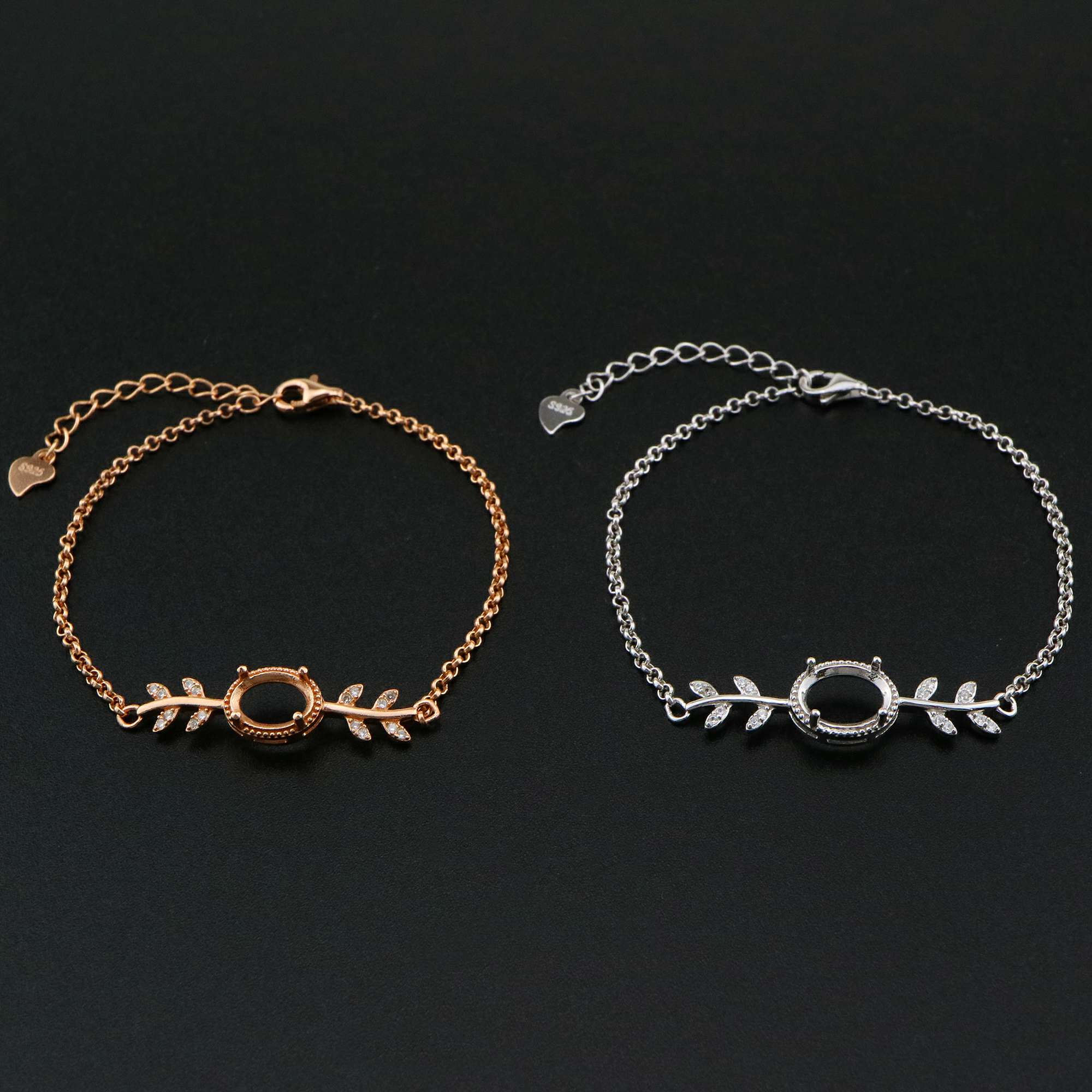 1Pcs Oval Prong Bezel Bracelet Settings Tree Branch Rose Gold Plated Solid 925 Sterling Silver Tray for Gemstone 6''+1.6'' 1900243 - Click Image to Close