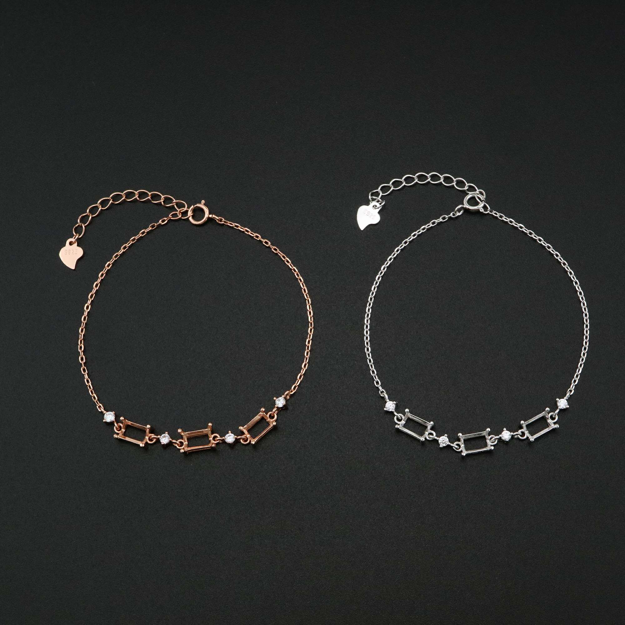 1Pcs 4x6MM Rectangle Prong Bezel Bracelet Settings Three Stones Rose Gold Plated Solid 925 Sterling Silver Tray for Gemstone 6''+1.6'' 1900244 - Click Image to Close