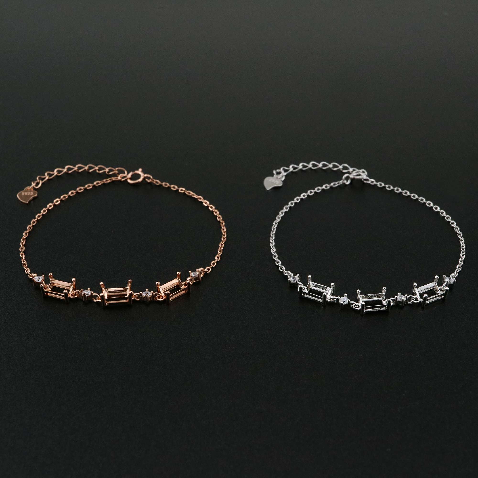 1Pcs 4x6MM Rectangle Prong Bezel Bracelet Settings Three Stones Rose Gold Plated Solid 925 Sterling Silver Tray for Gemstone 6''+1.6'' 1900244 - Click Image to Close