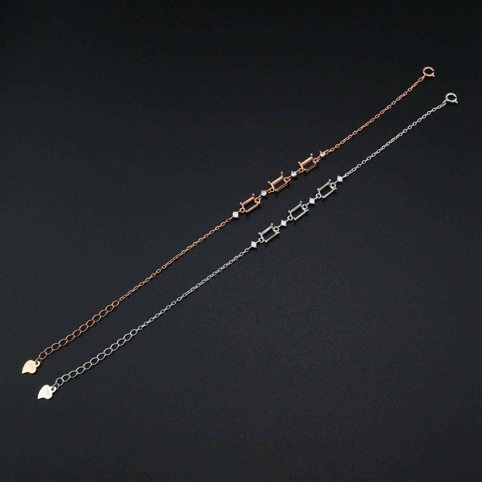 1Pcs 4x6MM Rectangle Prong Bezel Bracelet Settings Three Stones Rose Gold Plated Solid 925 Sterling Silver Tray for Gemstone 6''+1.6'' 1900244 - Click Image to Close