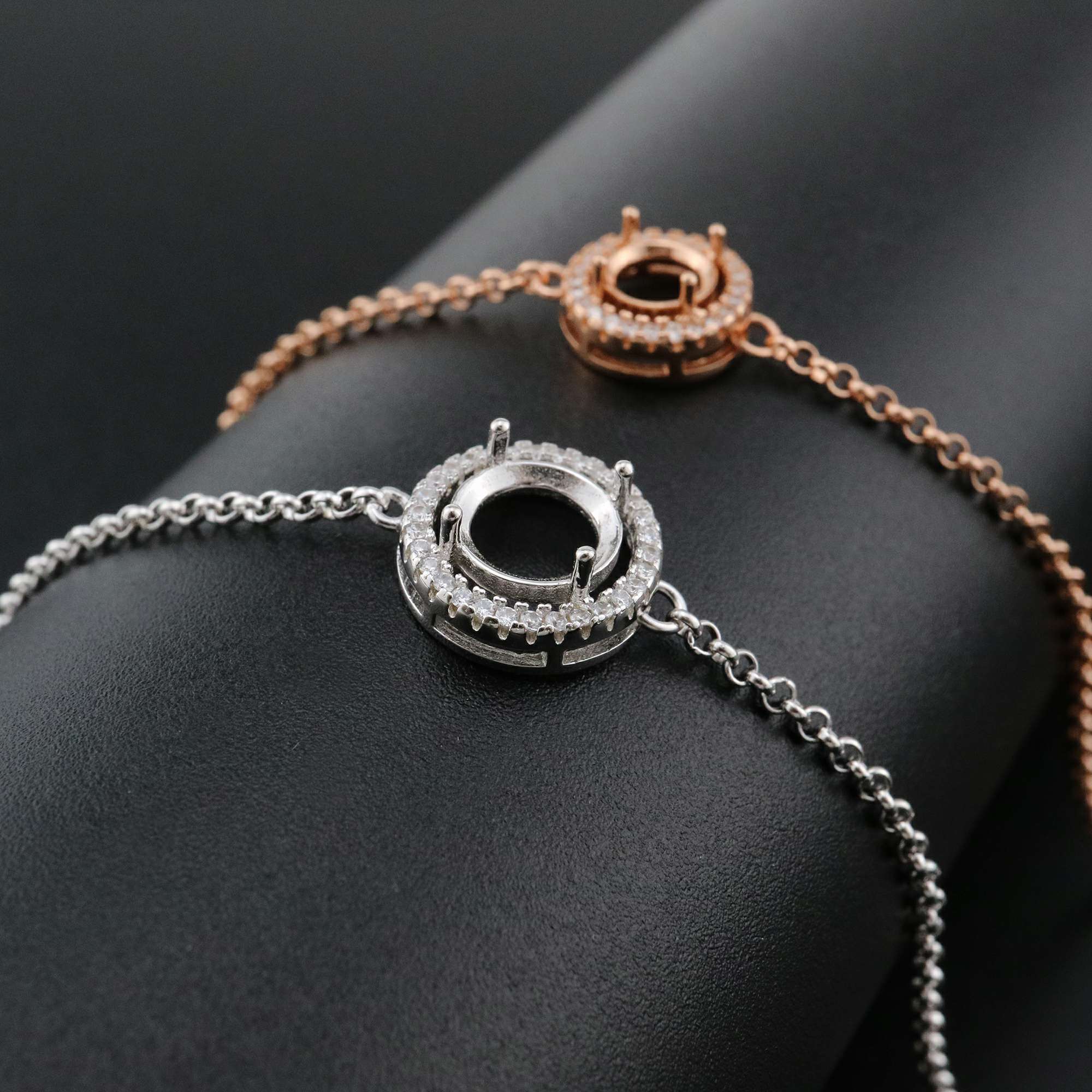 1Pcs 6-8MM Round Prong Bezel Bracelet Settings Halo Rose Gold Plated Solid 925 Sterling Silver Tray for Gemstone 6''+1.6'' 1900245 - Click Image to Close