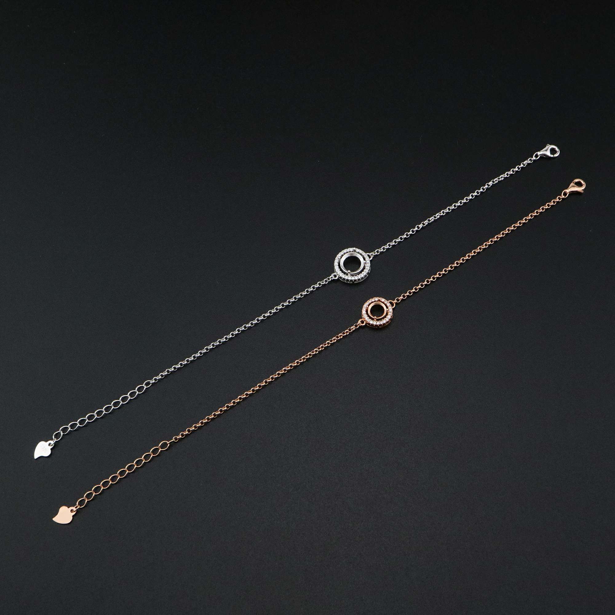 1Pcs 6-8MM Round Prong Bezel Bracelet Settings Halo Rose Gold Plated Solid 925 Sterling Silver Tray for Gemstone 6''+1.6'' 1900245 - Click Image to Close