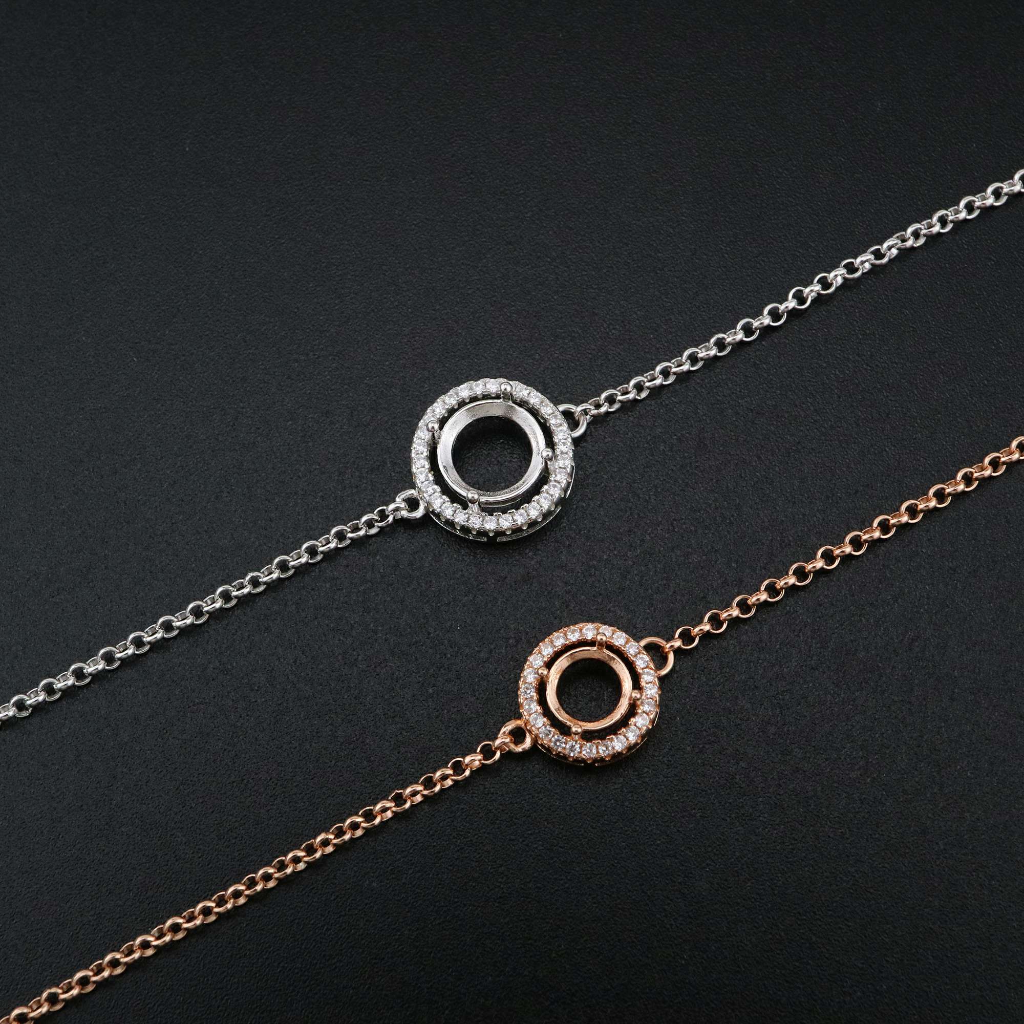1Pcs 6-8MM Round Prong Bezel Bracelet Settings Halo Rose Gold Plated Solid 925 Sterling Silver Tray for Gemstone 6''+1.6'' 1900245 - Click Image to Close