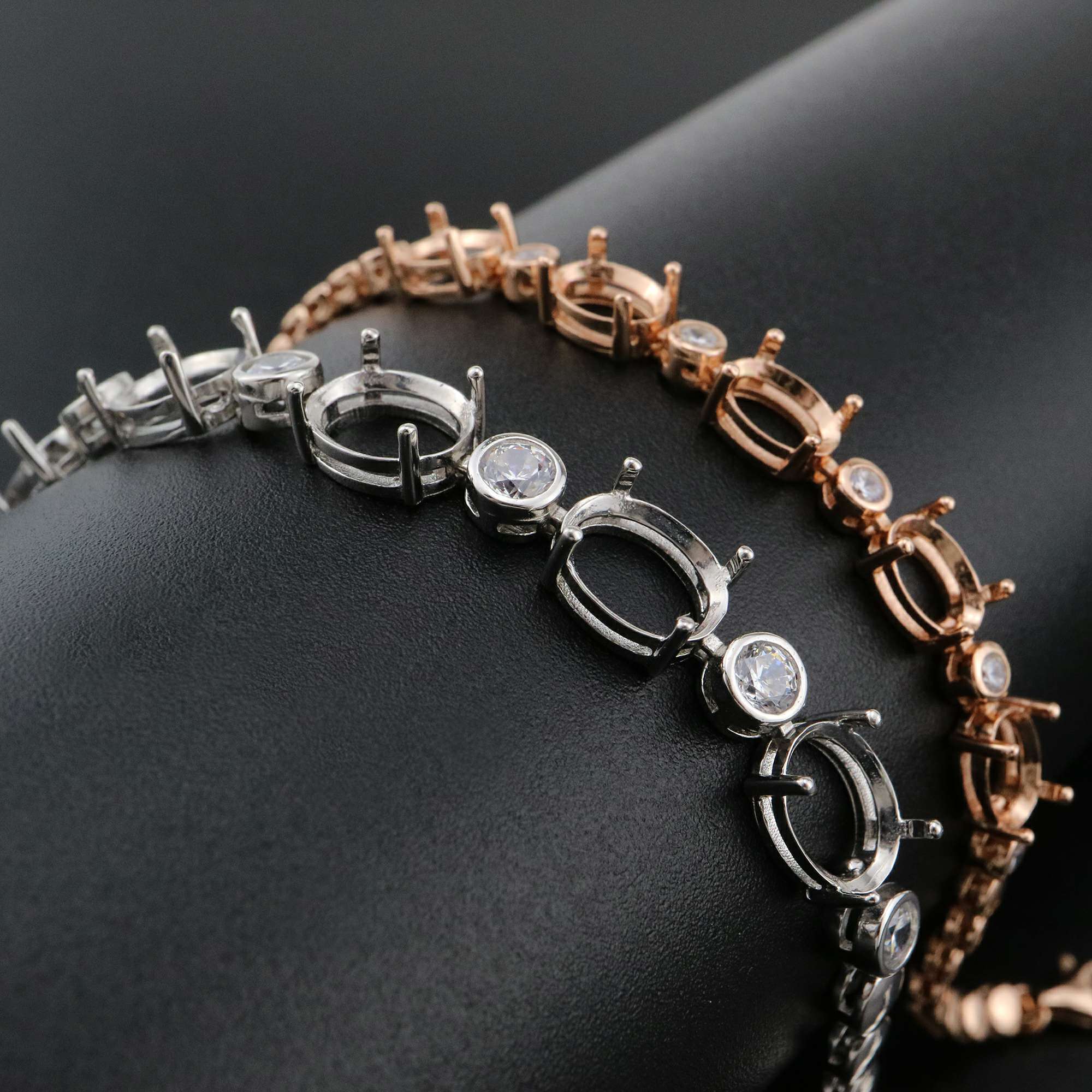 1Pcs Oval Prong Bezel Bracelet Settings 5 Stones Rose Gold Plated Solid 925 Sterling Silver Tray for Gemstone 6''+1.6'' 1900246 - Click Image to Close