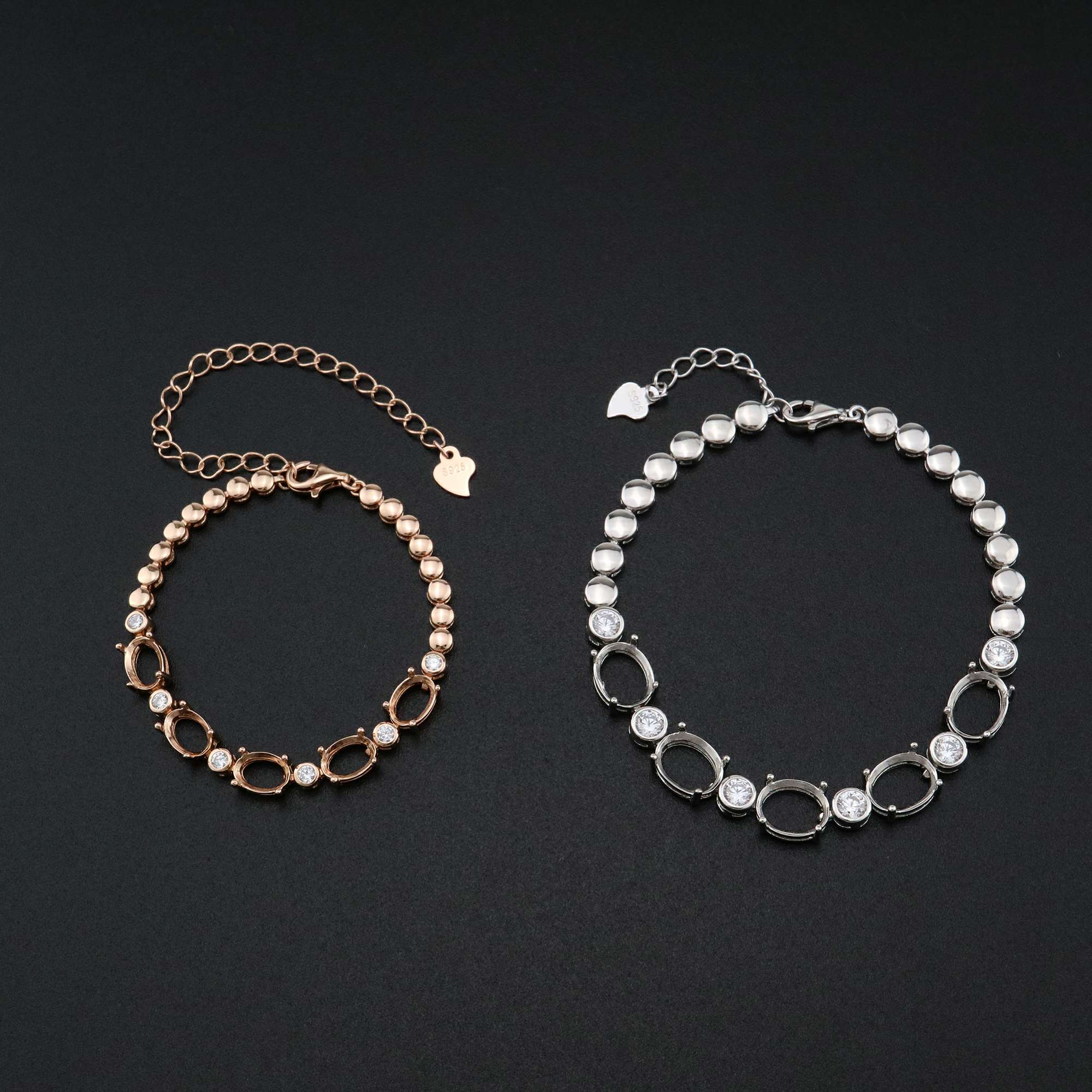 1Pcs Oval Prong Bezel Bracelet Settings 5 Stones Rose Gold Plated Solid 925 Sterling Silver Tray for Gemstone 6''+1.6'' 1900246 - Click Image to Close