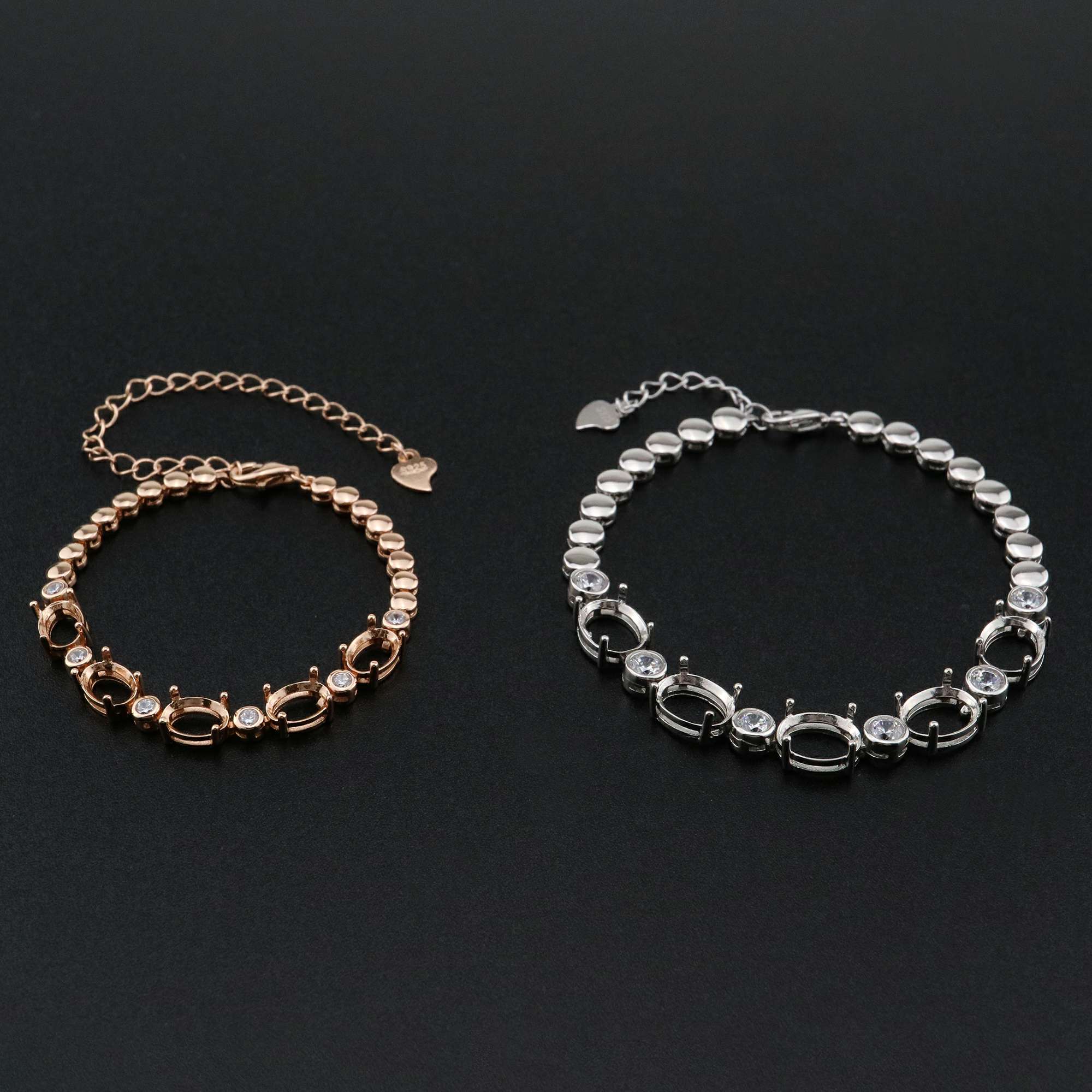 1Pcs Oval Prong Bezel Bracelet Settings 5 Stones Rose Gold Plated Solid 925 Sterling Silver Tray for Gemstone 6''+1.6'' 1900246 - Click Image to Close