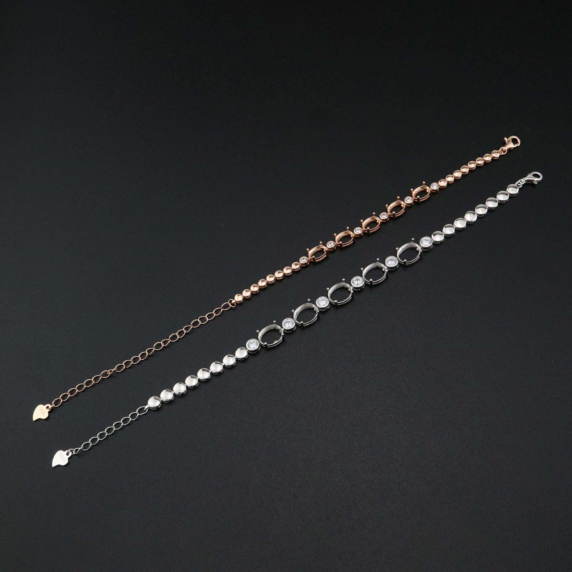 1Pcs Oval Prong Bezel Bracelet Settings 5 Stones Rose Gold Plated Solid 925 Sterling Silver Tray for Gemstone 6''+1.6'' 1900246 - Click Image to Close