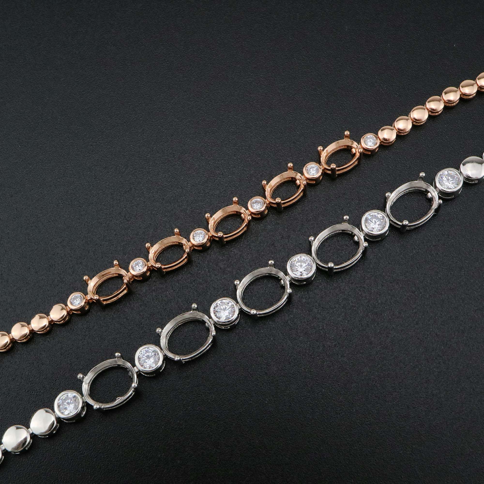 1Pcs Oval Prong Bezel Bracelet Settings 5 Stones Rose Gold Plated Solid 925 Sterling Silver Tray for Gemstone 6''+1.6'' 1900246 - Click Image to Close