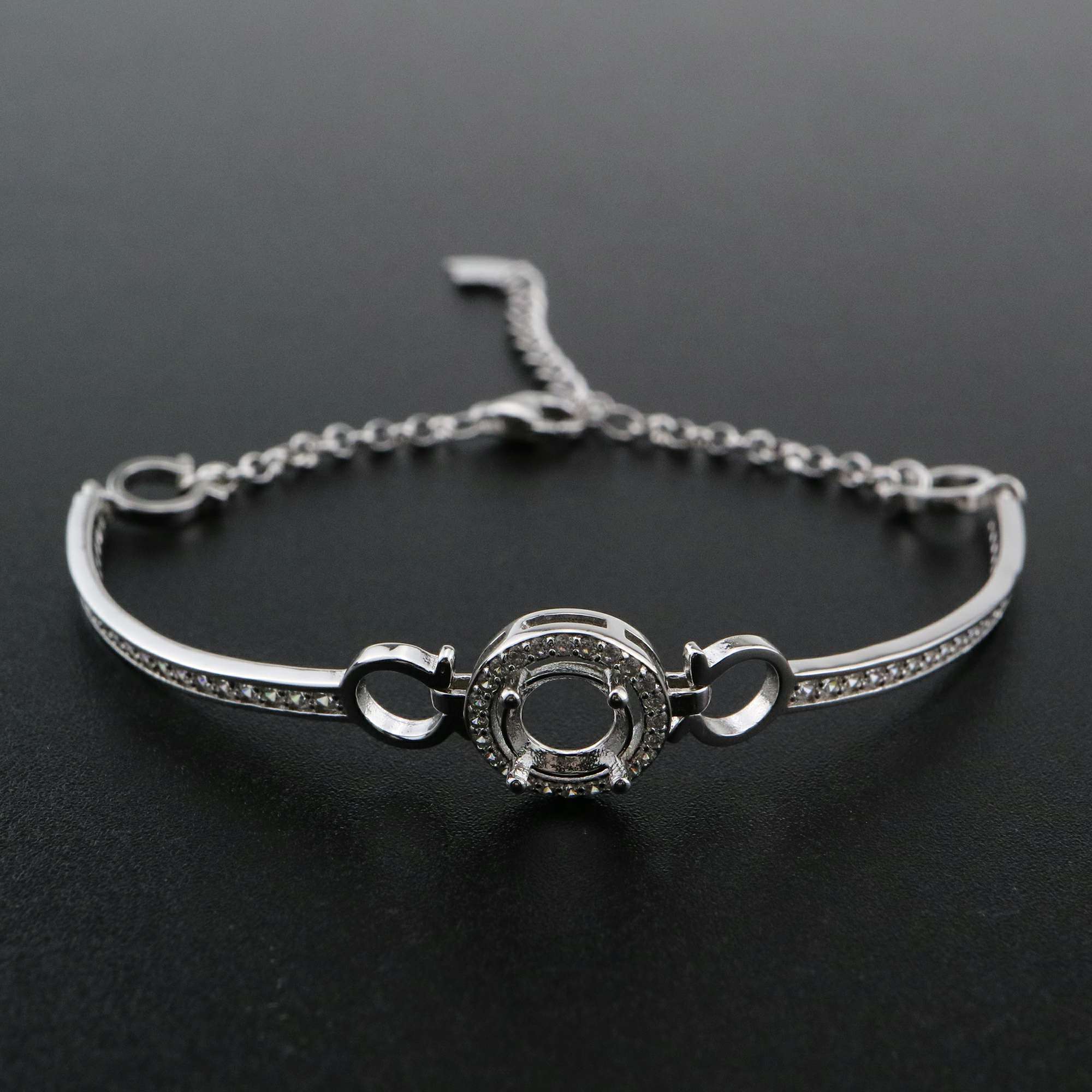1Pcs Round Prong Bezel Bracelet Settings Luxury Halo Solid 925 Sterling Silver Tray for Gemstone 6''+1.6'' 1900248 - Click Image to Close