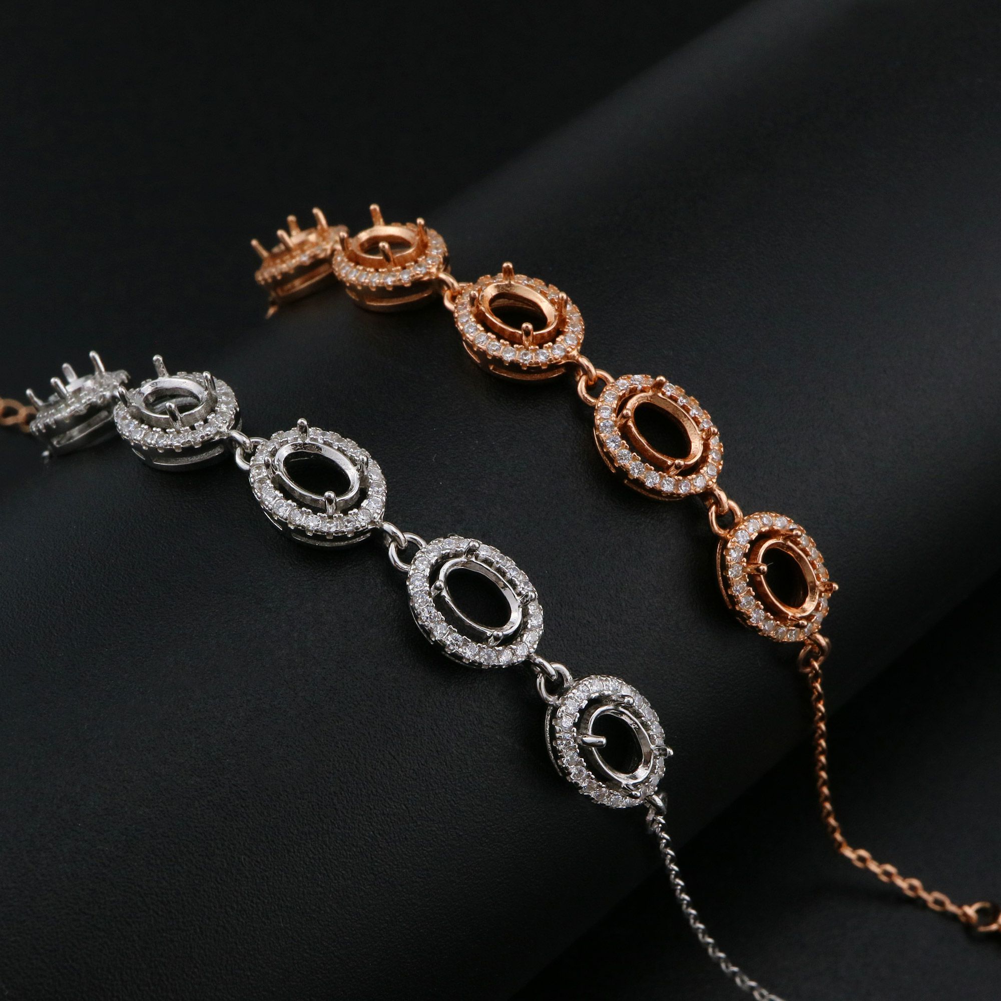 4x6MM Oval Prong Bracelet Settings Halo 5 Stones Rose Gold Plated Solid 925 Sterling Silver Bracelet Bezel with 6''+1.6'' Chain 1900265 - Click Image to Close