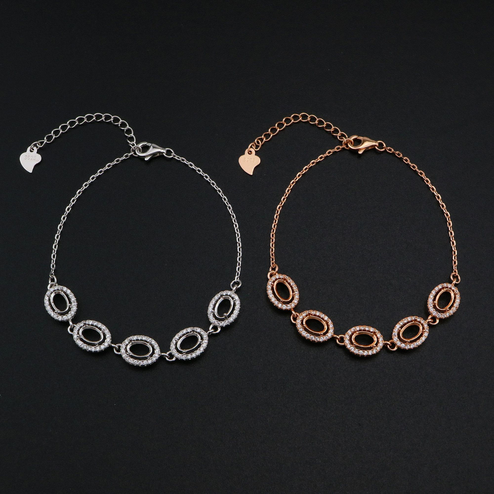 4x6MM Oval Prong Bracelet Settings Halo 5 Stones Rose Gold Plated Solid 925 Sterling Silver Bracelet Bezel with 6''+1.6'' Chain 1900265 - Click Image to Close