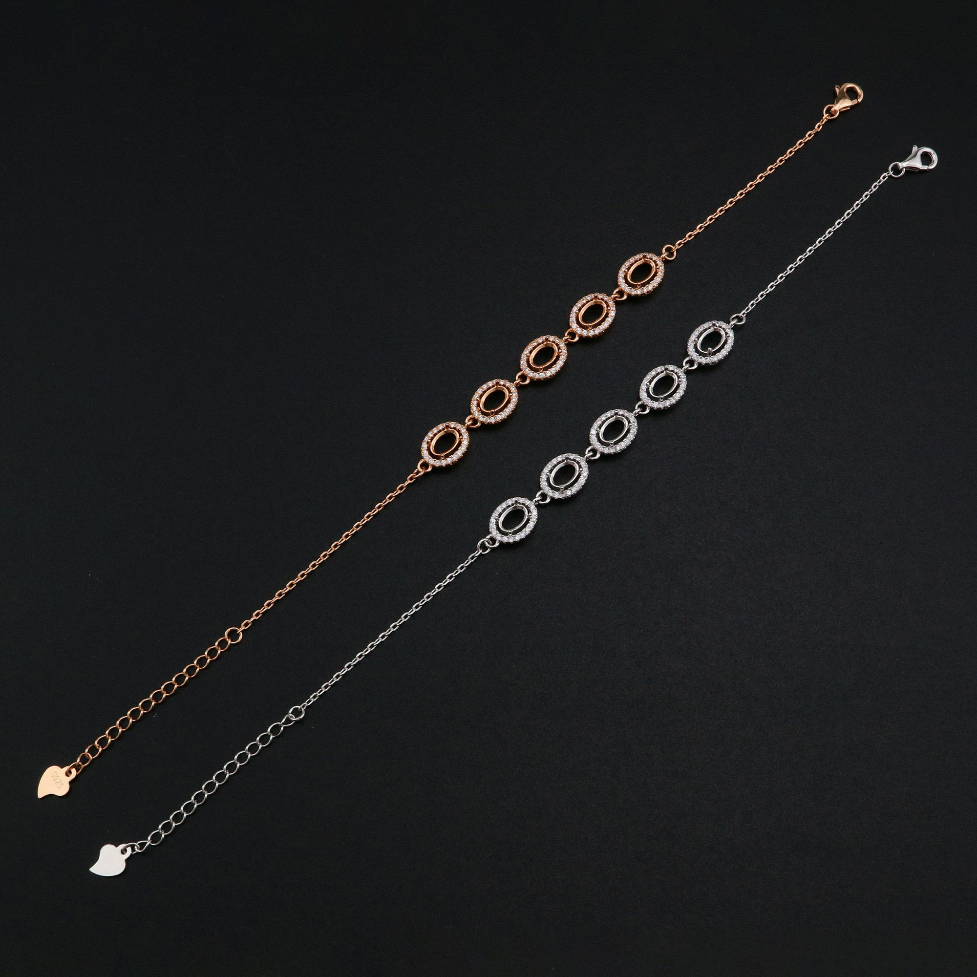 4x6MM Oval Prong Bracelet Settings Halo 5 Stones Rose Gold Plated Solid 925 Sterling Silver Bracelet Bezel with 6''+1.6'' Chain 1900265 - Click Image to Close