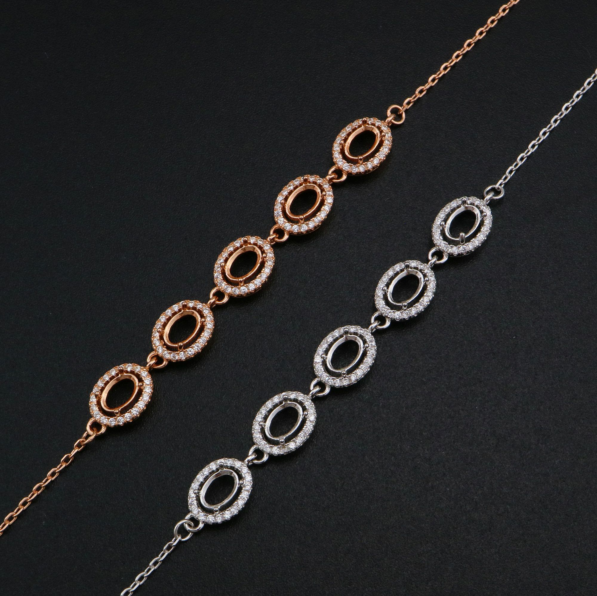 4x6MM Oval Prong Bracelet Settings Halo 5 Stones Rose Gold Plated Solid 925 Sterling Silver Bracelet Bezel with 6''+1.6'' Chain 1900265 - Click Image to Close