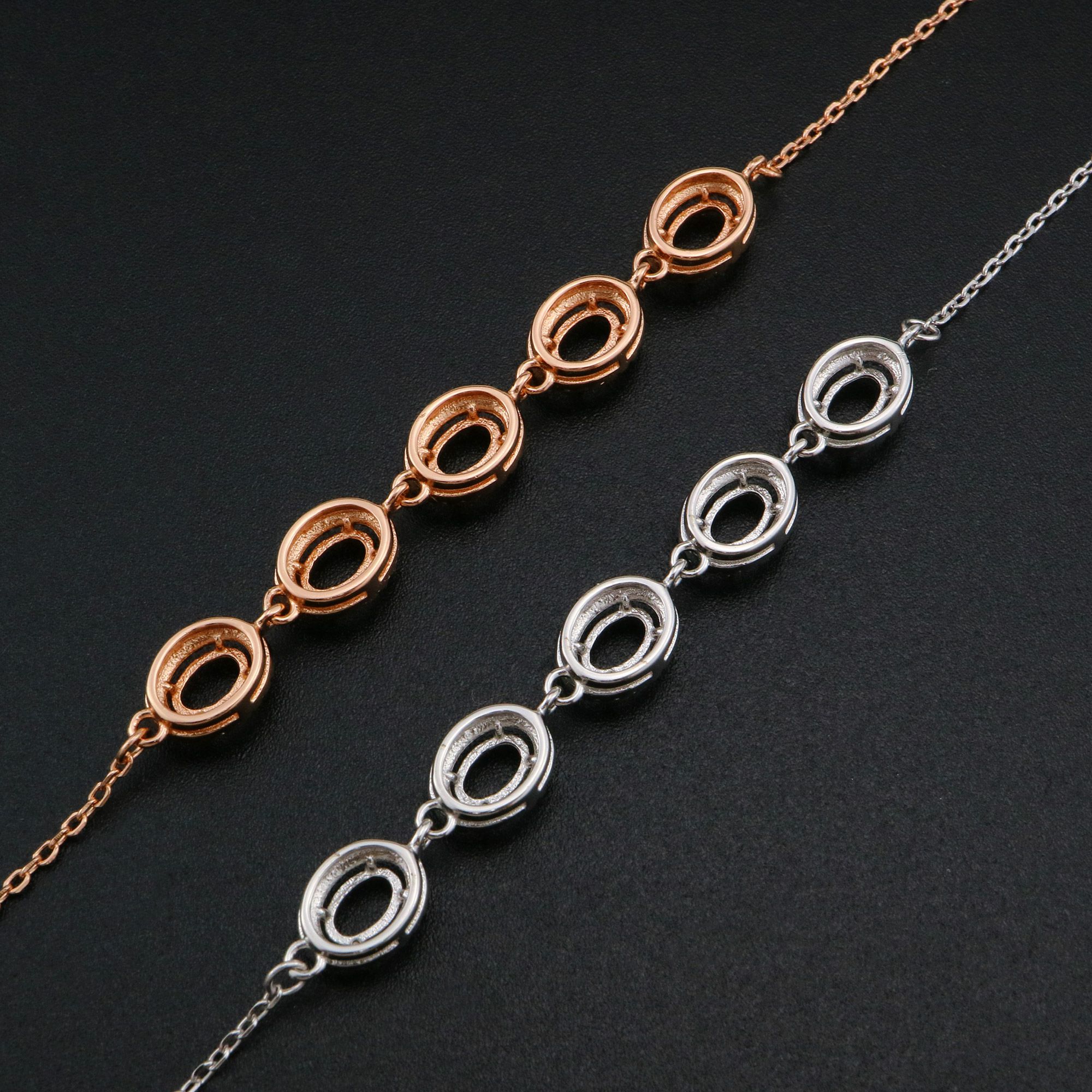 4x6MM Oval Prong Bracelet Settings Halo 5 Stones Rose Gold Plated Solid 925 Sterling Silver Bracelet Bezel with 6''+1.6'' Chain 1900265 - Click Image to Close