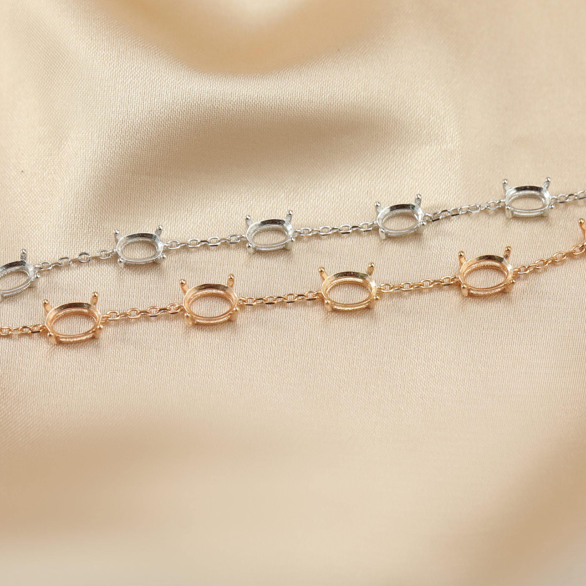 5 Stones Oval Prong Bracelet Settings Solid 925 Sterling Silver Rose Gold Plated DIY Bracelet Prong Bezel Settings 6''+1.6'' 1900271 - Click Image to Close