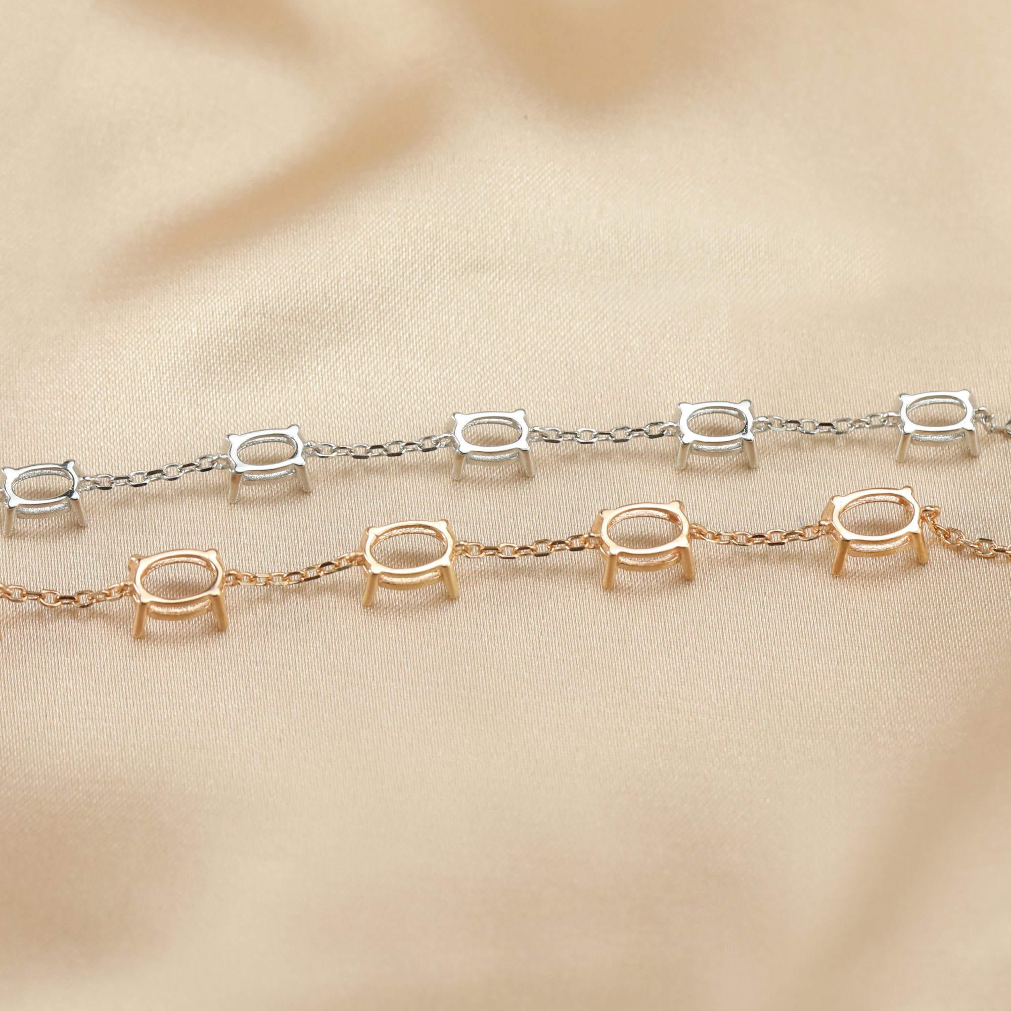 5 Stones Oval Prong Bracelet Settings Solid 925 Sterling Silver Rose Gold Plated DIY Bracelet Prong Bezel Settings 4''+1'' 1900271 - Click Image to Close