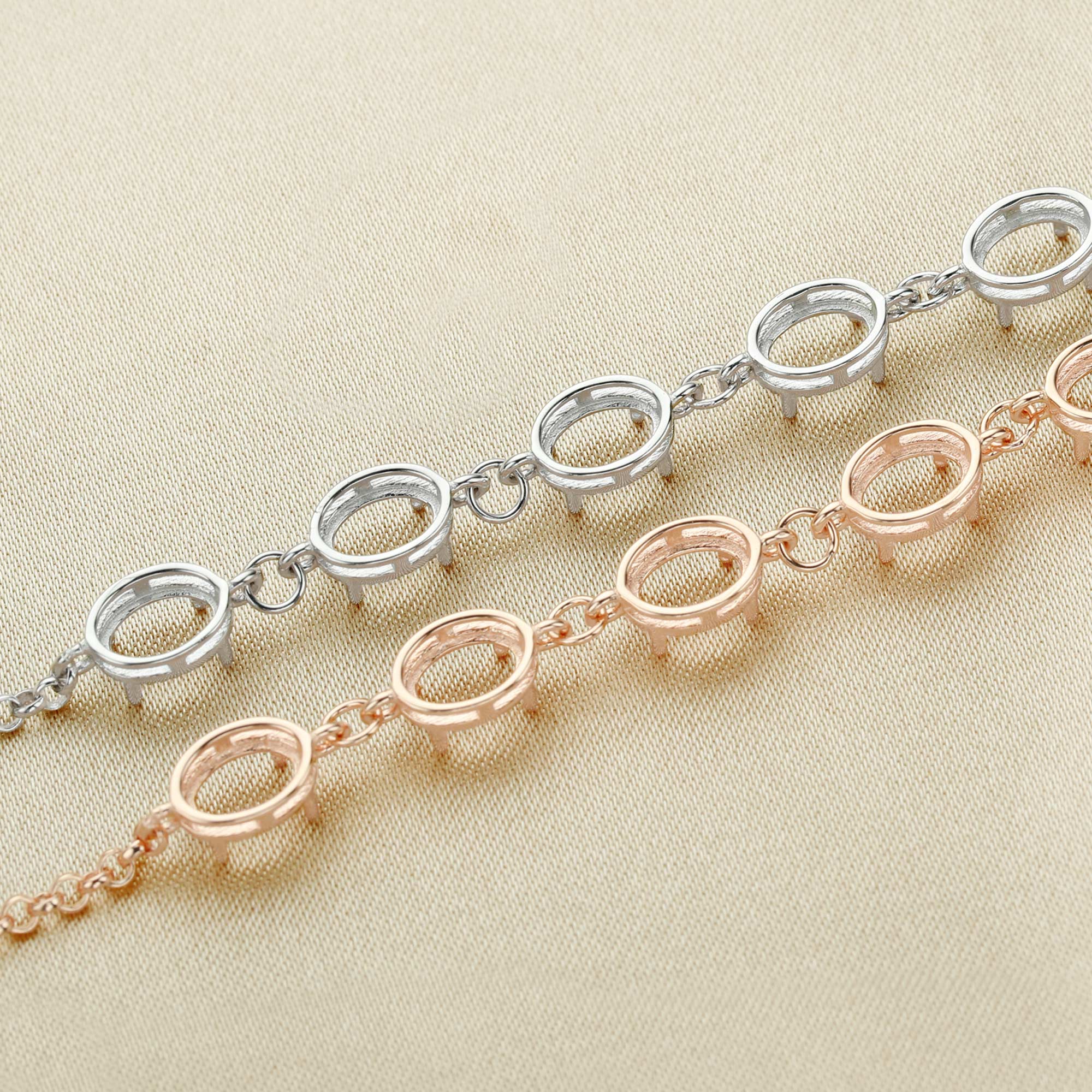 4x6MM 8 Stone Oval Prong Bracelet Bezel Settings,Solid 925 Sterling Silver Rose Gold Plated Bracelet Bezel With Chain 5.9''+1.18' 1900275 - Click Image to Close