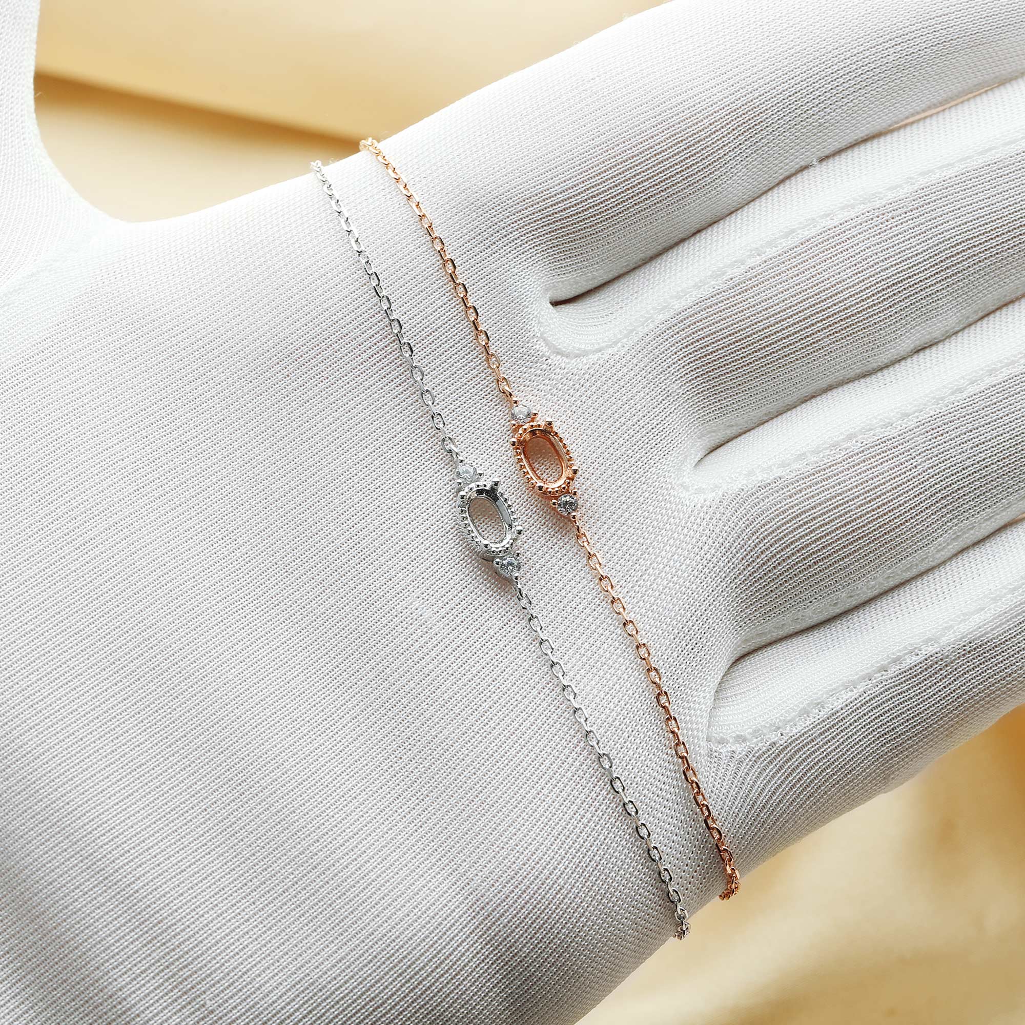 4x6MM Oval Prong Bezel Bracelet Settings,Three Stone Solid 925 Sterling Silver Rose Gold Plated Bracelet,DIY Bracelet Tray With Chain 6''+1'' 1900287 - Click Image to Close