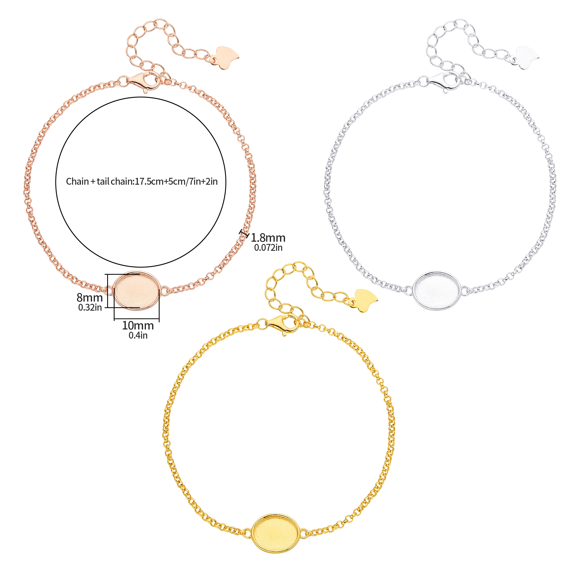 8x10MM Keepsake Breast Milk Resin Oval Bezel Bracelet Settings,Solid 925 Sterling Silver Rose Gold Plated Bracelet,DIY Bracelet Supplies 7.2''+2'' 1900316 - Click Image to Close