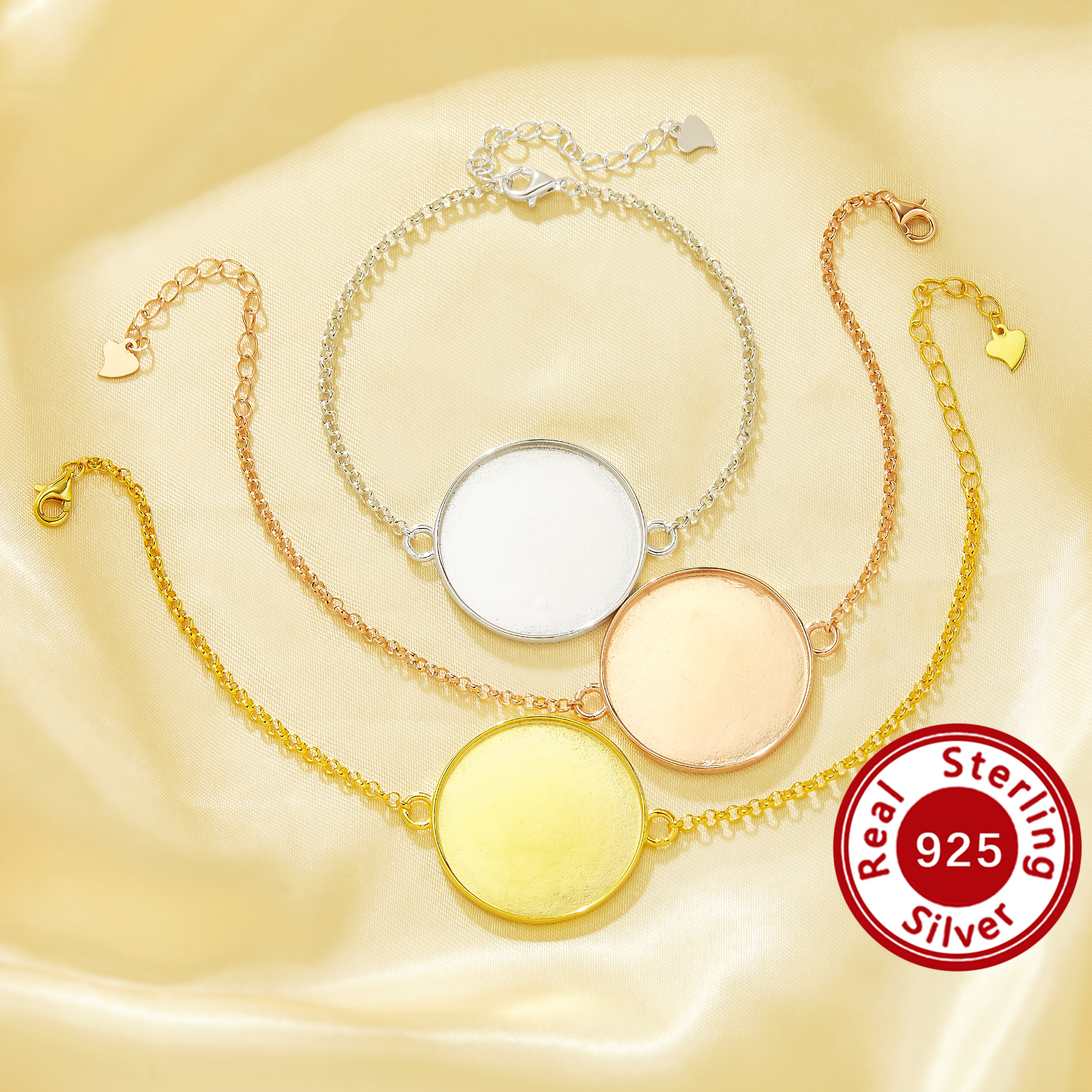 25MM Keepsake Breast Milk Resin Round Bezel Bracelet Settings,Simple Solid 925 Sterling Silver Rose Gold Plated Bracelet Chain 6.8''+1.8'' 1900352