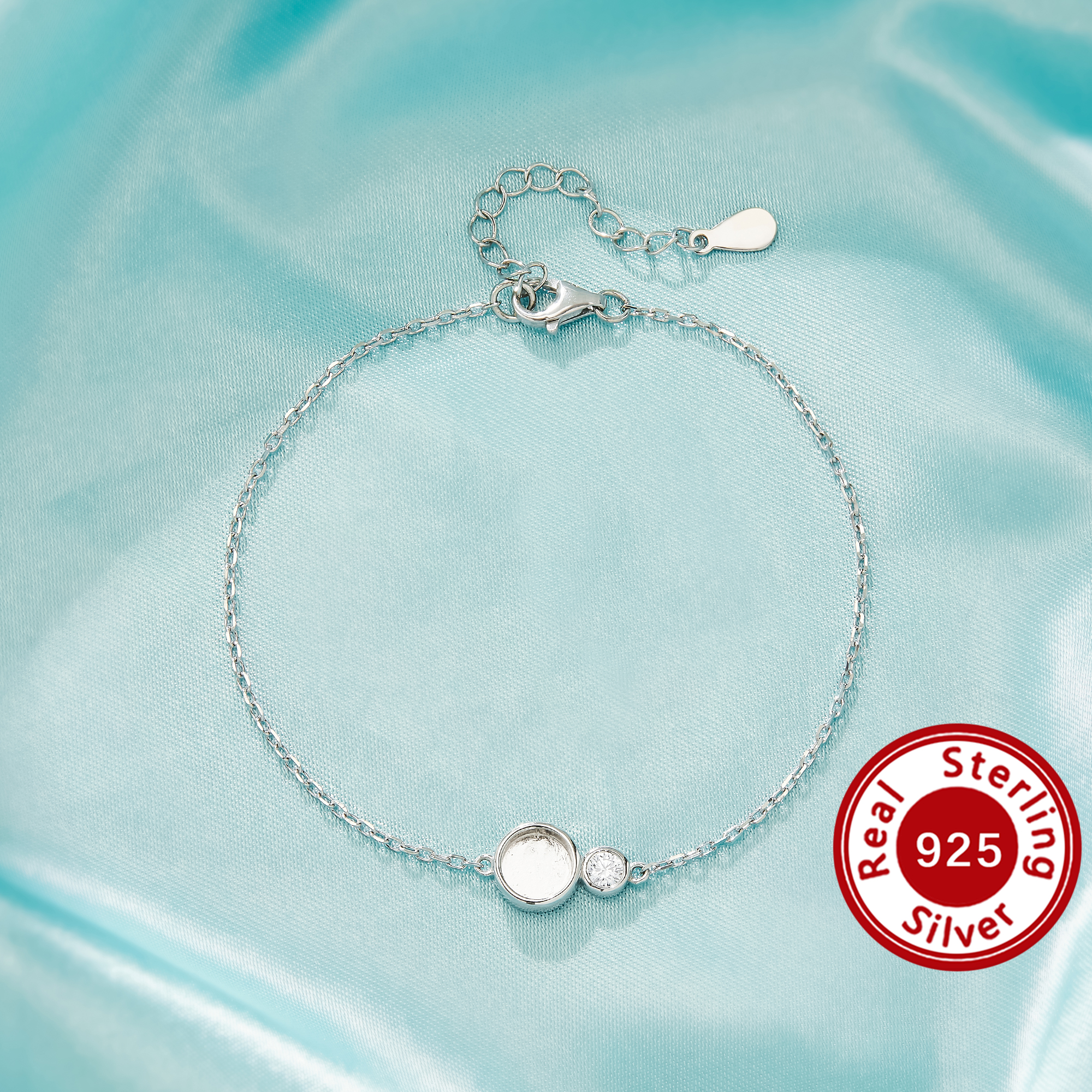 6MM Keepsake Mother Milk Resin Bezel Bracelet Settings,Round Elegant Solid 925 Sterling Silver Bracelet, Single Accent Stone Jewelry 6.8''+1.6'' 1900355-1