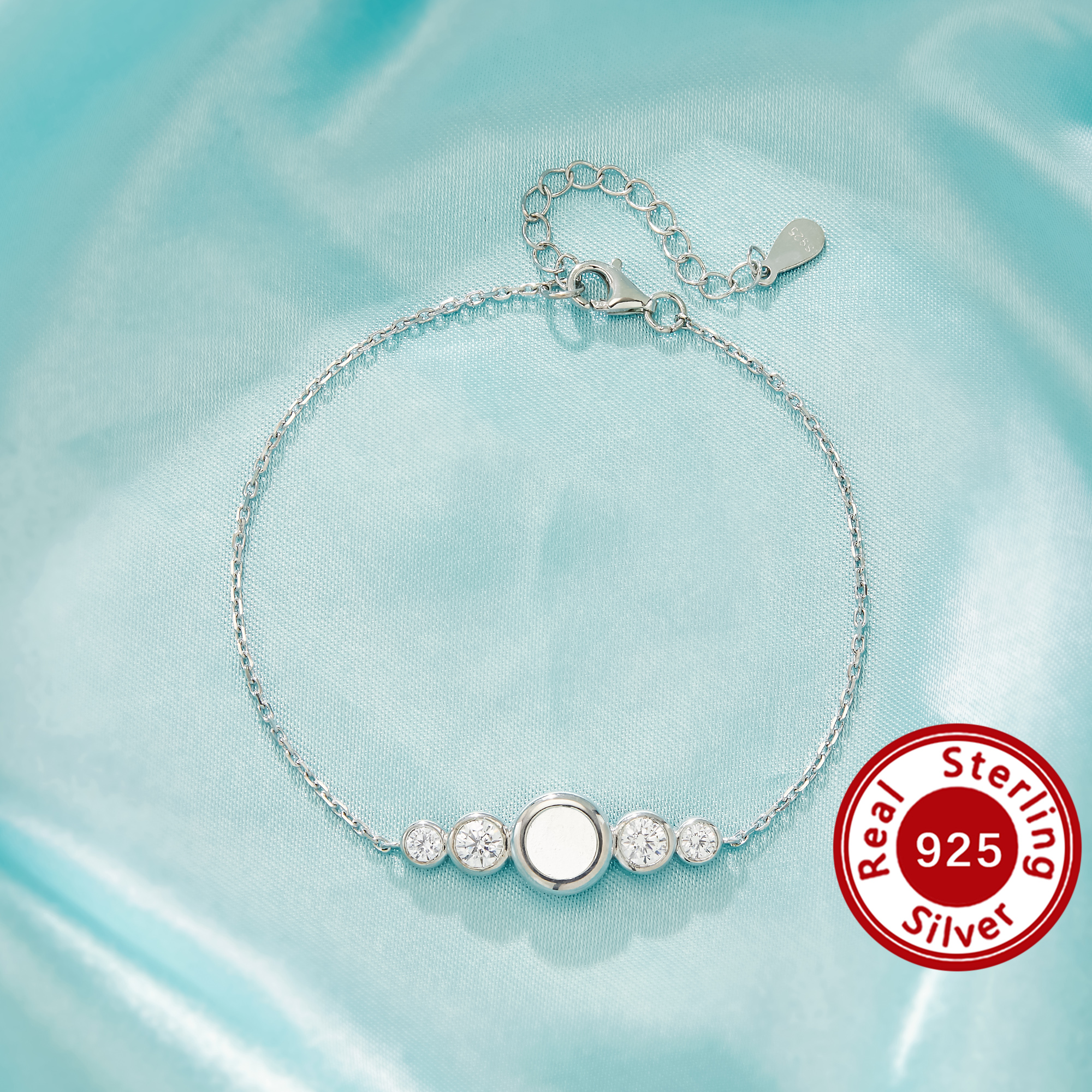 6MM Keepsake Mother Milk Resin Round Bezel Bracelet Settings, Elegant Solid 925 Sterling Silver Bracelet, Symmetrical Four CZ Stones 6.8''+1.8'' 1900356-1