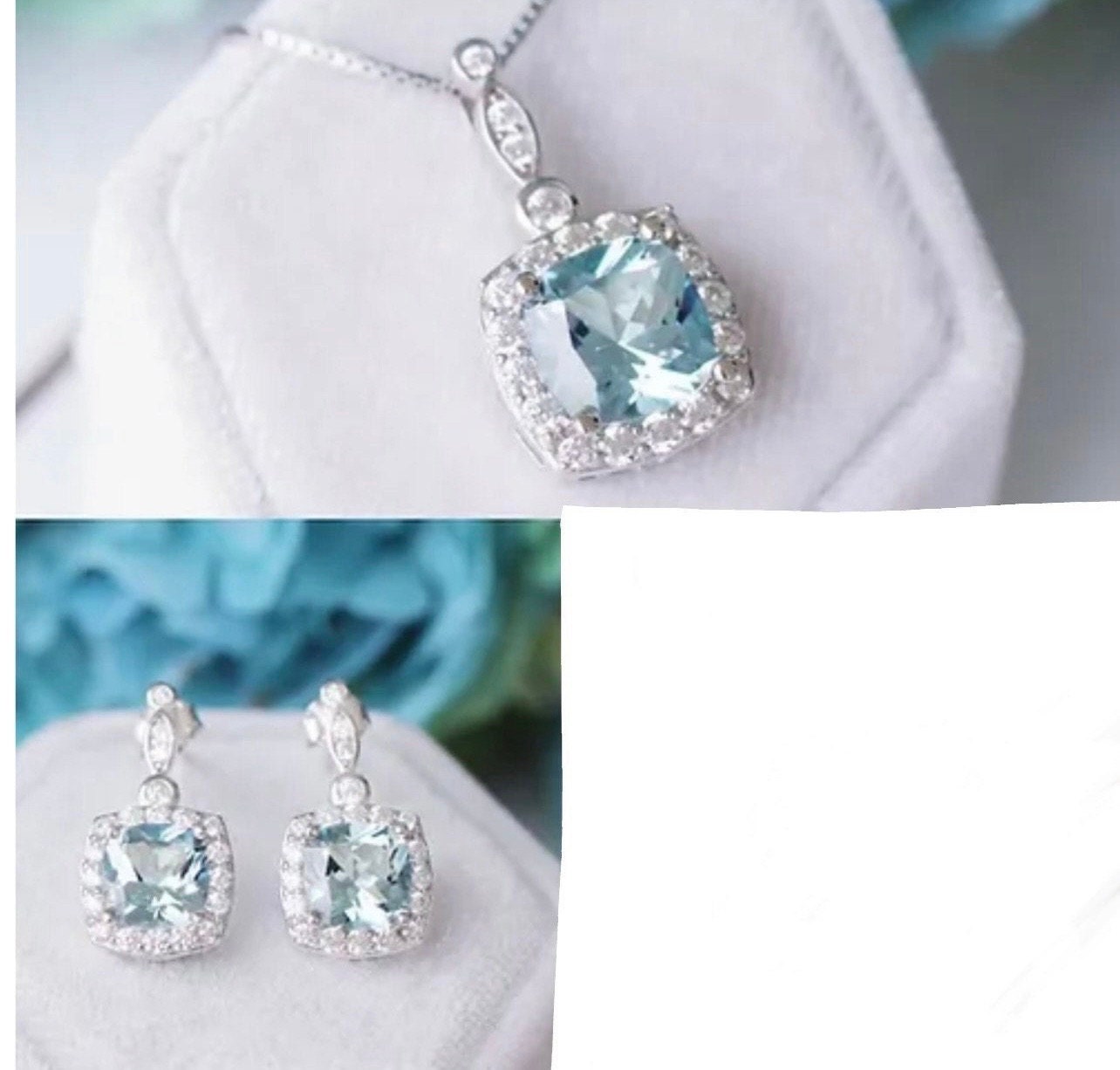 customized ring,earrings pendant set,8mm ring, size 8 pendant,6mm earrings with light blue cz stone,925 silver with white gold plated.