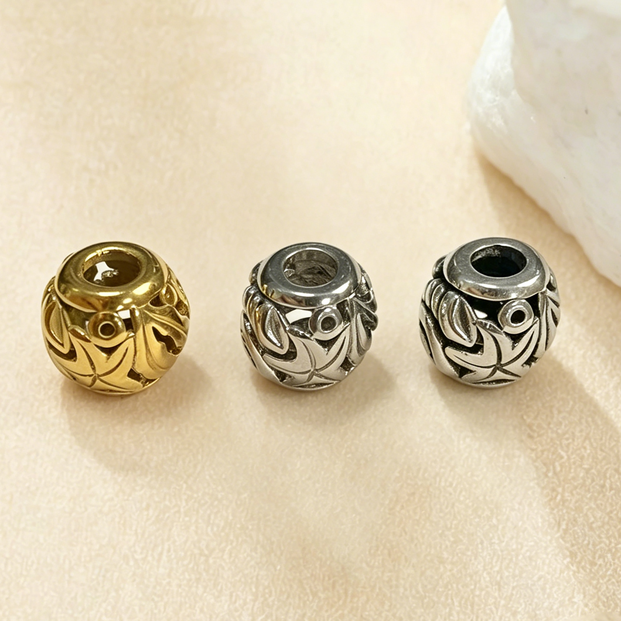 Carved Shell Beads, Big Hole 316L Stainless Steel Pendant Bead with 4.15MM Hole, DIY Beach Spacer Jewelry Making Findings Bracelet 4160146