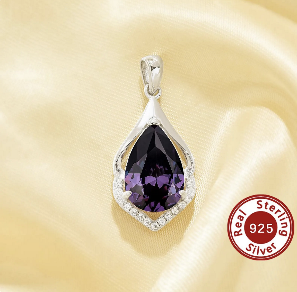 Purple CZ Stone Pear Pendant,February Birthstone Solid 925 Sterling Silver Pendant Charm,Pave CZ Stone Pear Pendant 6130046