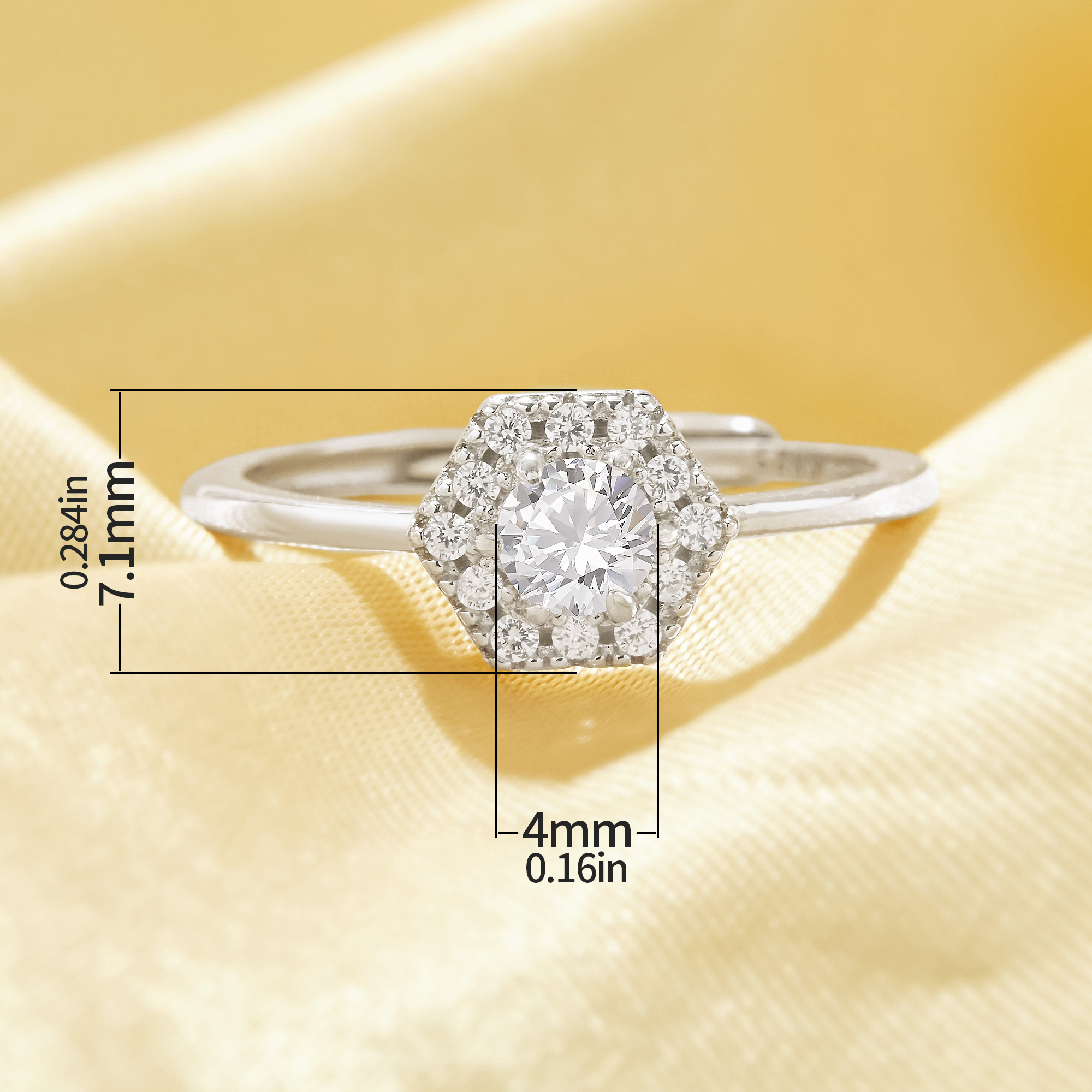 Dainty Hexagon Ring With 4MM Round White Cubic Zirconia,Solid 925 Sterling Silver Ring,Elegant Pave CZ Stone Adjustable Ring 6210338 - Click Image to Close