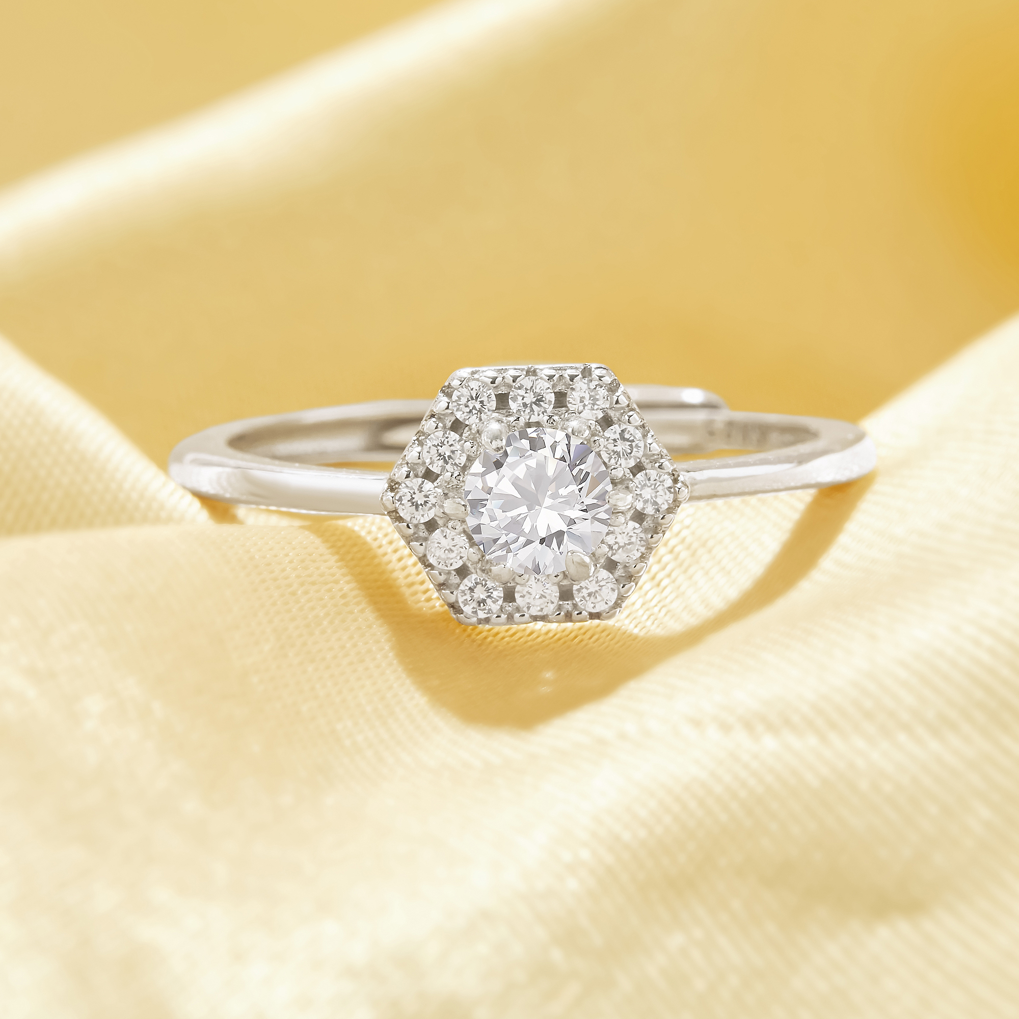 Dainty Hexagon Ring With 4MM Round White Cubic Zirconia,Solid 925 Sterling Silver Ring,Elegant Pave CZ Stone Adjustable Ring 6210338 - Click Image to Close
