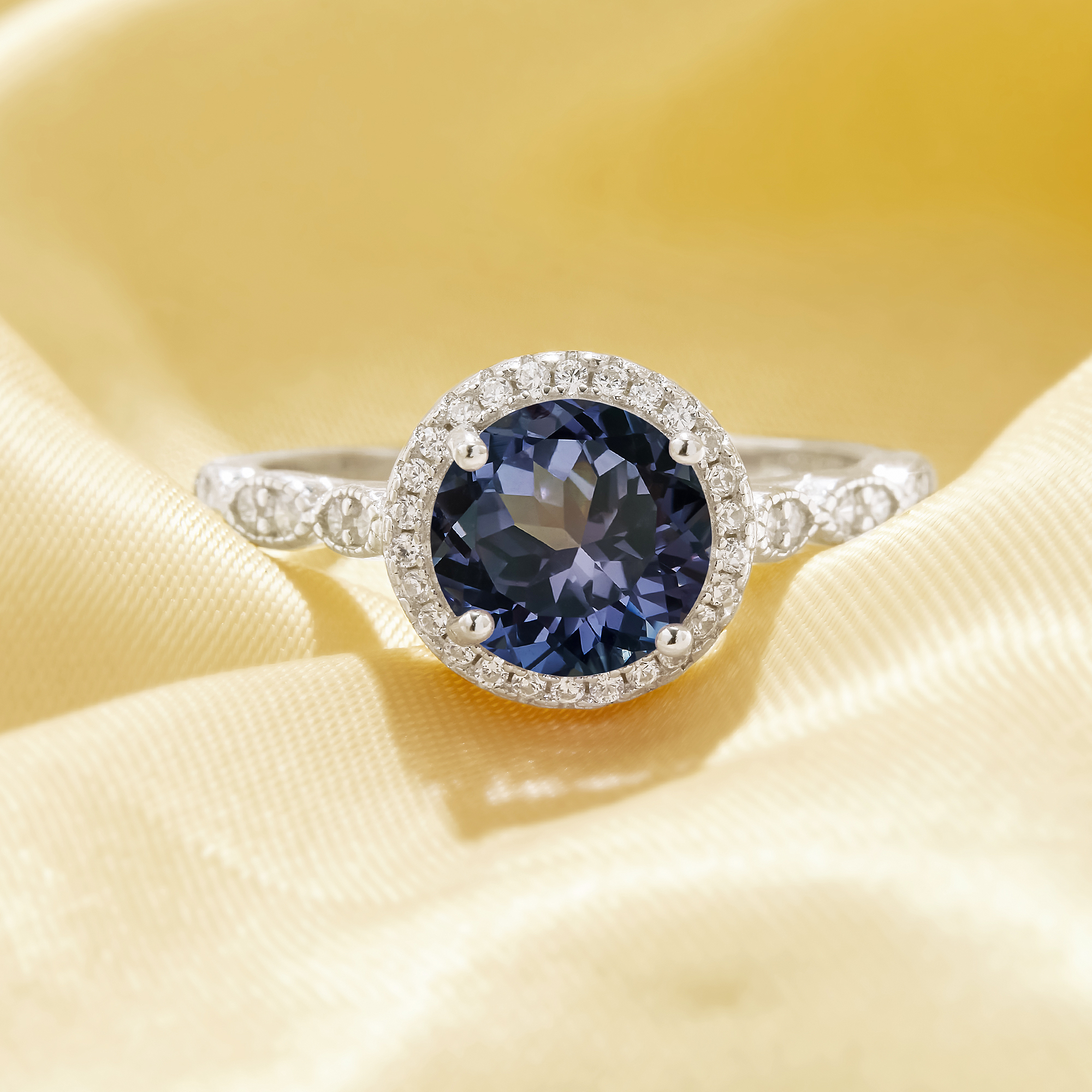 Luxury Halo Round Ring With 8MM Round Color Change Simulated Alexandrite,Solid 925 Sterling Silver Ring,June Birthstone Ring 6210341 - Click Image to Close
