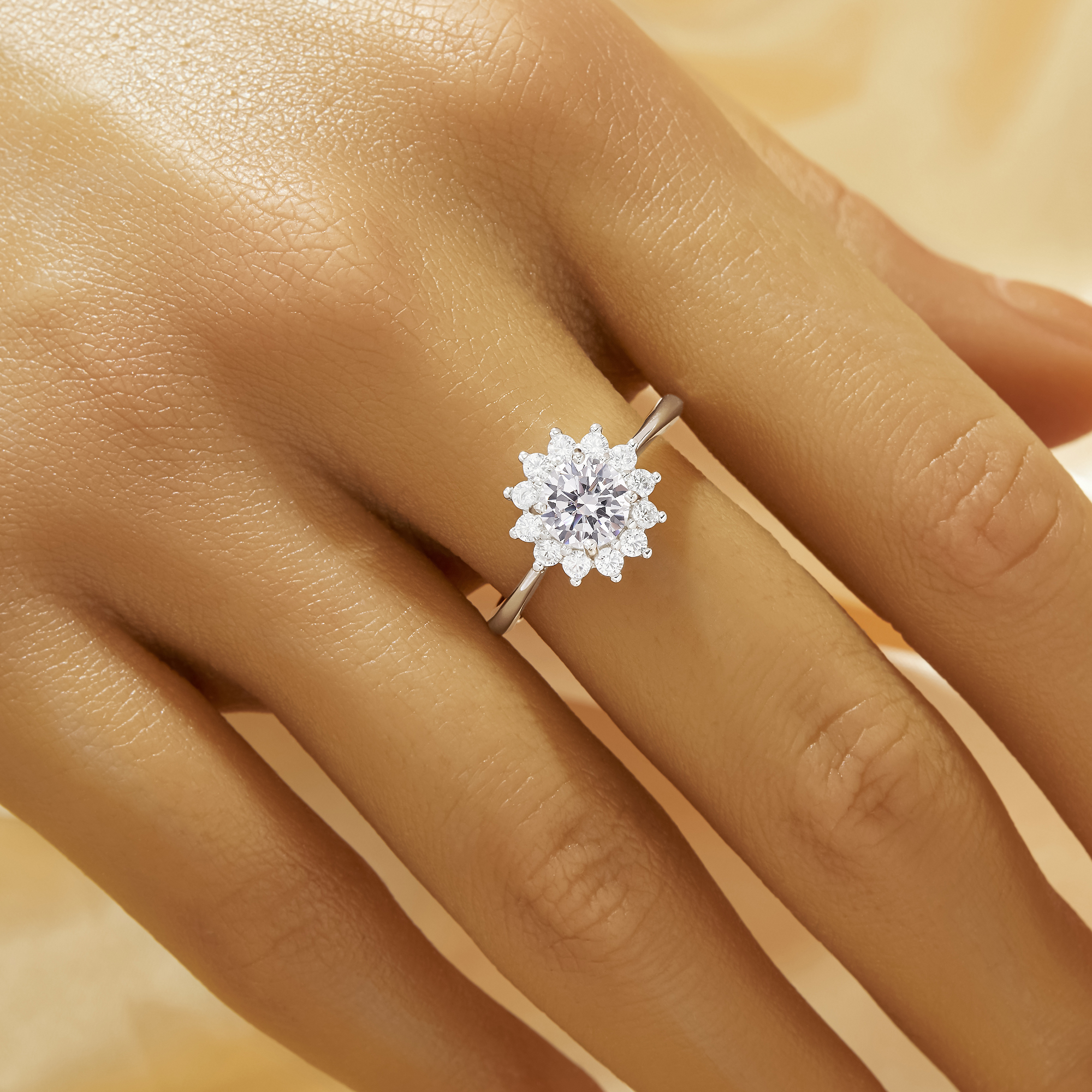 Luxury Sun Flower Simulated Diamond Ring With 6MM Round White Cubic Zirconia,Solid 925 Sterling Silver Ring,Dainty Ring 6210361 - Click Image to Close