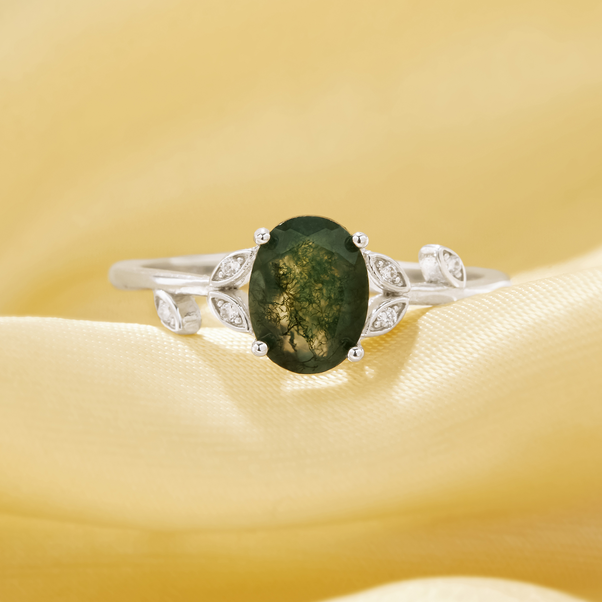 Moss Agate Tree Branch Oval Ring With 6x8MM Oval Green Moss Agate,Solid 925 Sterling Silver Ring,June Birthstone Nature Gemstone Ring 6220334 - Click Image to Close