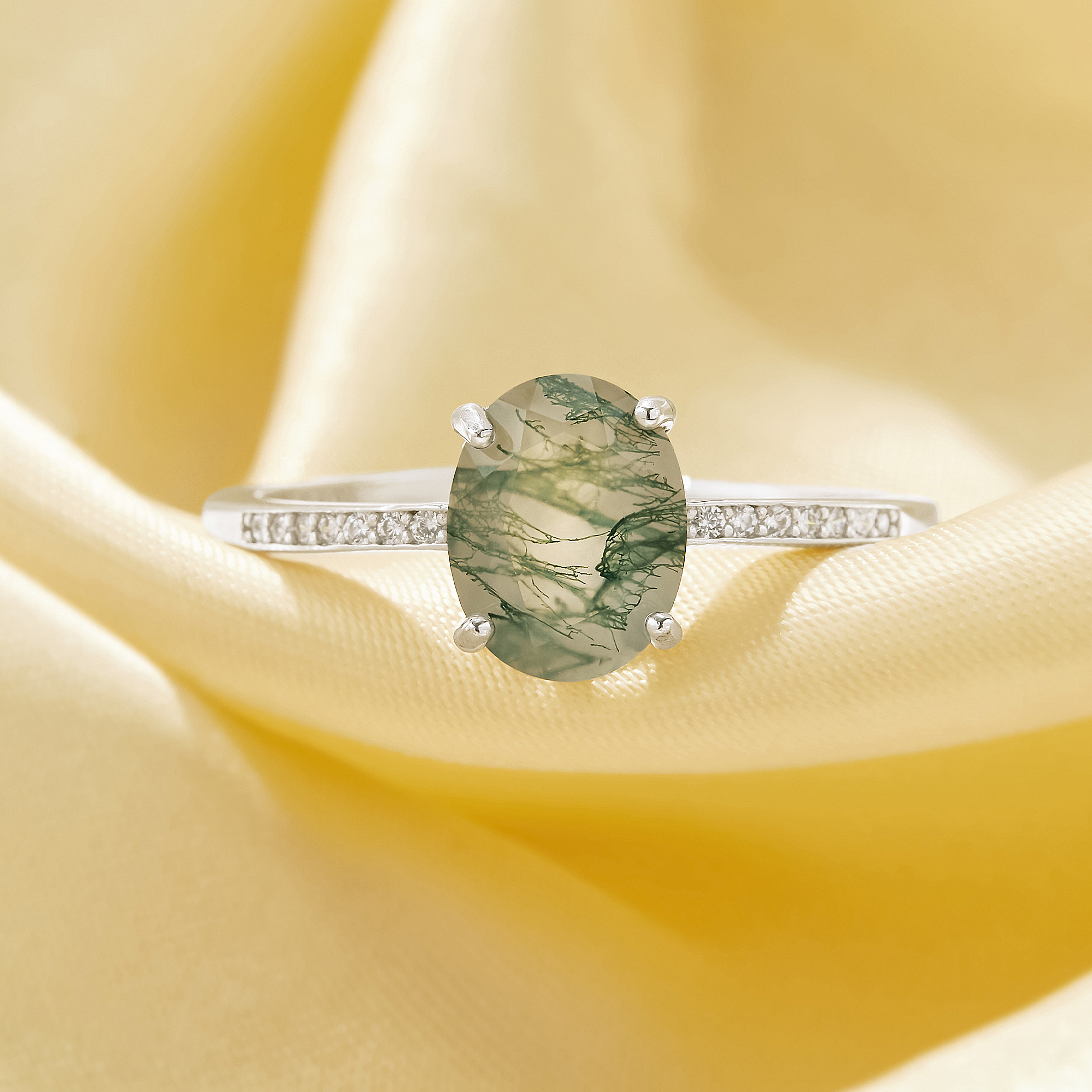 Minimalist Moss Agate Oval Ring With 7x9MM Oval Green Moss Agate,Solid 925 Sterling Silver Ring,June Birthstone Nature Gemstone Ring 6220335 - Click Image to Close