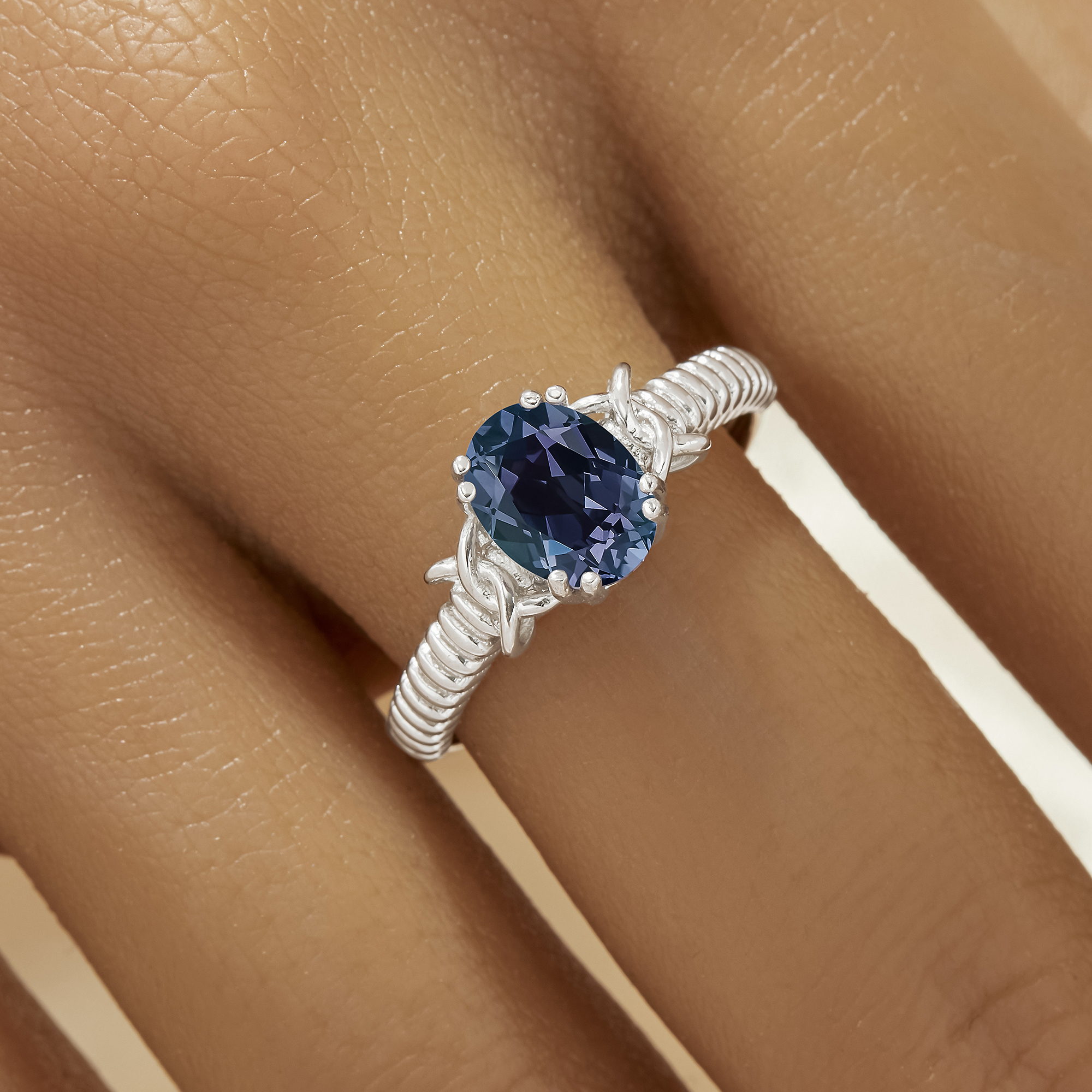 Oval Color Change Simulated Alexandrite Ring,Solid 925 Sterling Silver Ring,Simple Art Deco June Birthstone Adjustable Ring 6220337 - Click Image to Close