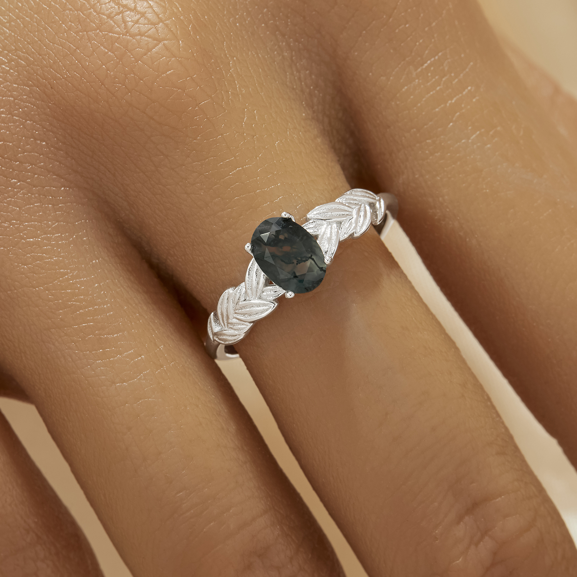 5x7MM Oval Green Moss Agate Tree Branch Leaf Ring,Solid 925 Sterling Silver Ring,June Birthstone Nature Gemstone Adjustable Ring 6220341 - Click Image to Close