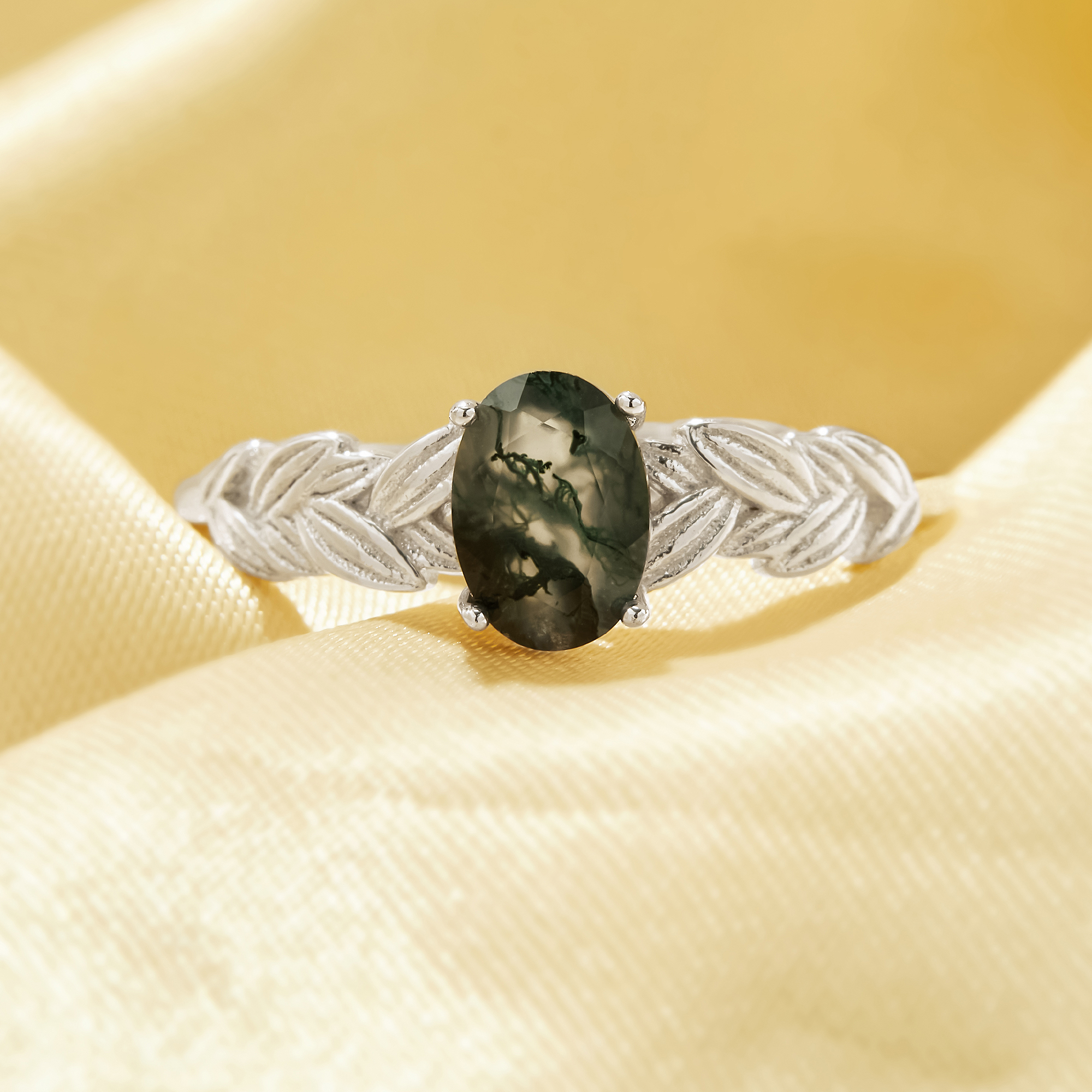 5x7MM Oval Green Moss Agate Tree Branch Leaf Ring,Solid 925 Sterling Silver Ring,June Birthstone Nature Gemstone Adjustable Ring 6220341 - Click Image to Close