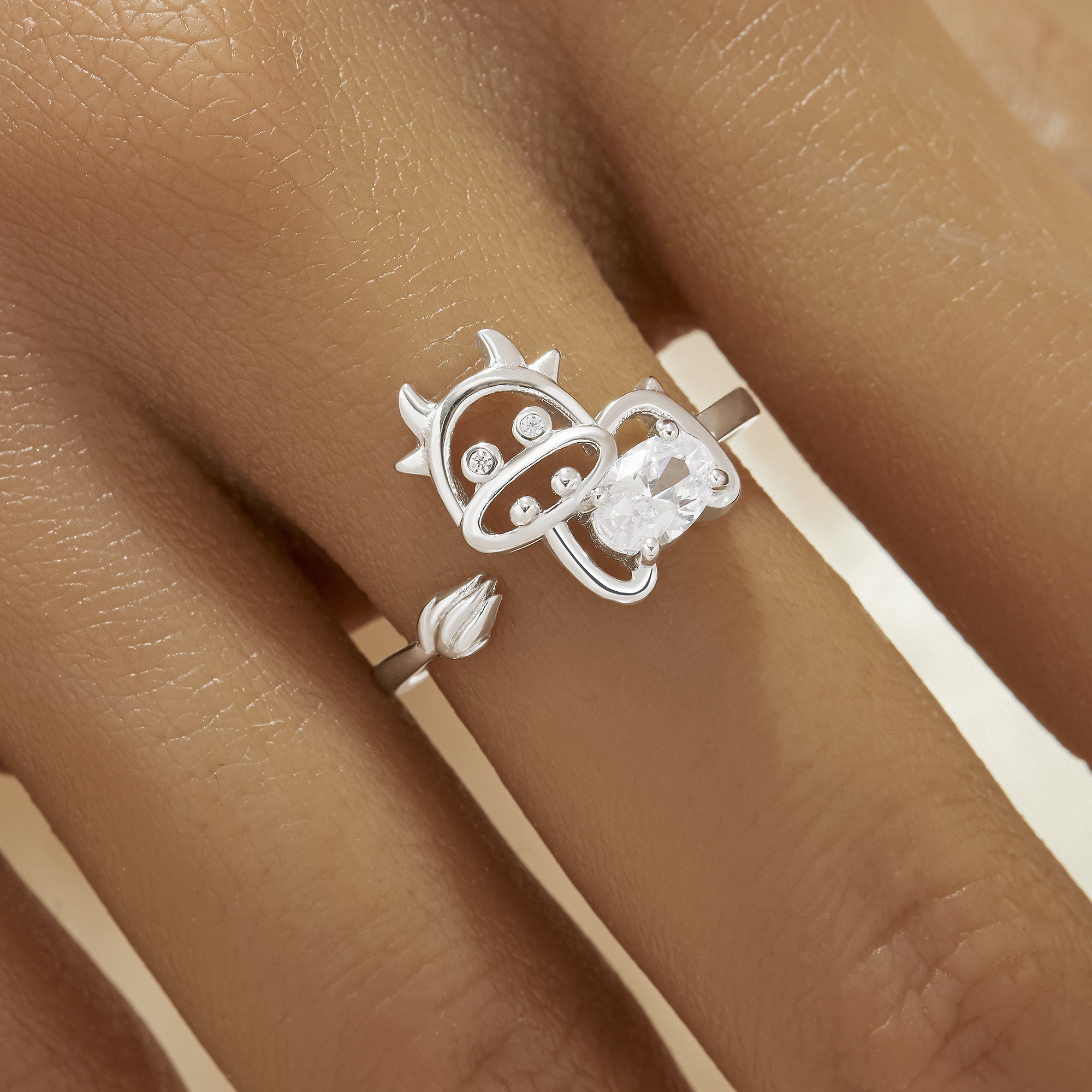 Cute Cow Simulated Diamond Ring With 4x6MM Oval White Cubic Zirconia,Solid 925 Sterling Silver Ring,Adjustable Animal Deco Oval Ring 6220342 - Click Image to Close