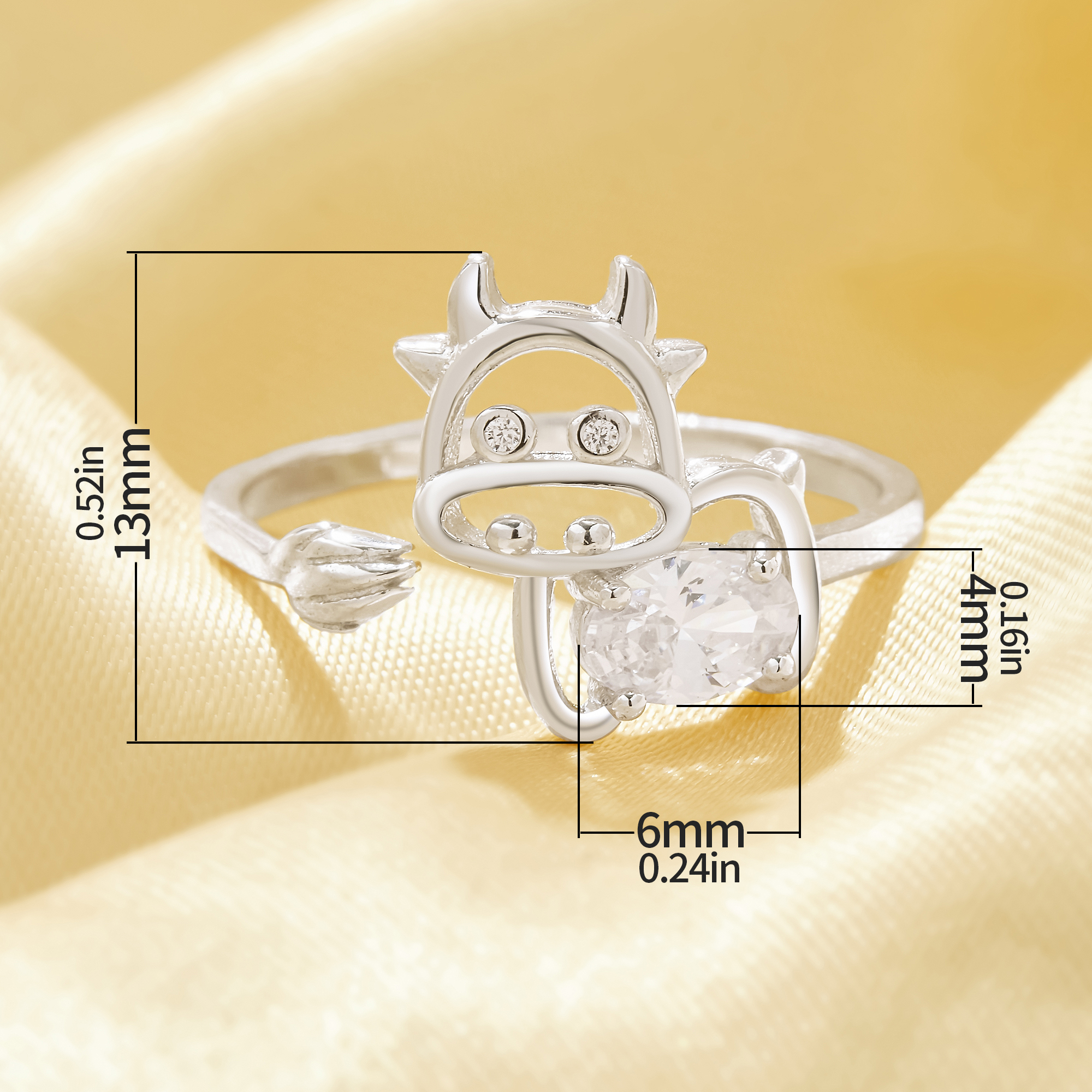 Cute Cow Simulated Diamond Ring With 4x6MM Oval White Cubic Zirconia,Solid 925 Sterling Silver Ring,Adjustable Animal Deco Oval Ring 6220342 - Click Image to Close