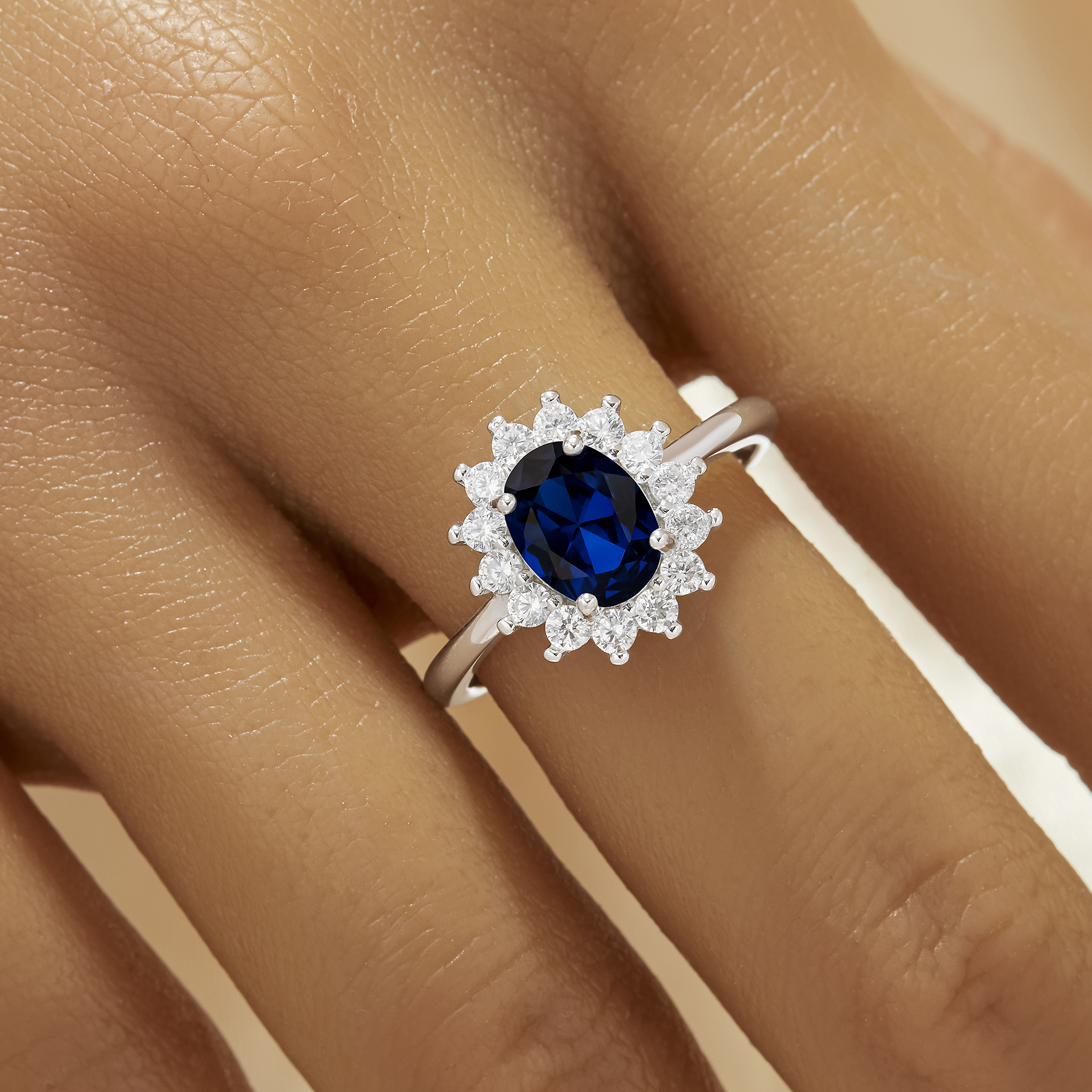 6x8MM Oval Simulated Sapphire Ring,Flower Solid 925 Sterling Silver Ring,September Birthstone Oval Ring 6220343 - Click Image to Close
