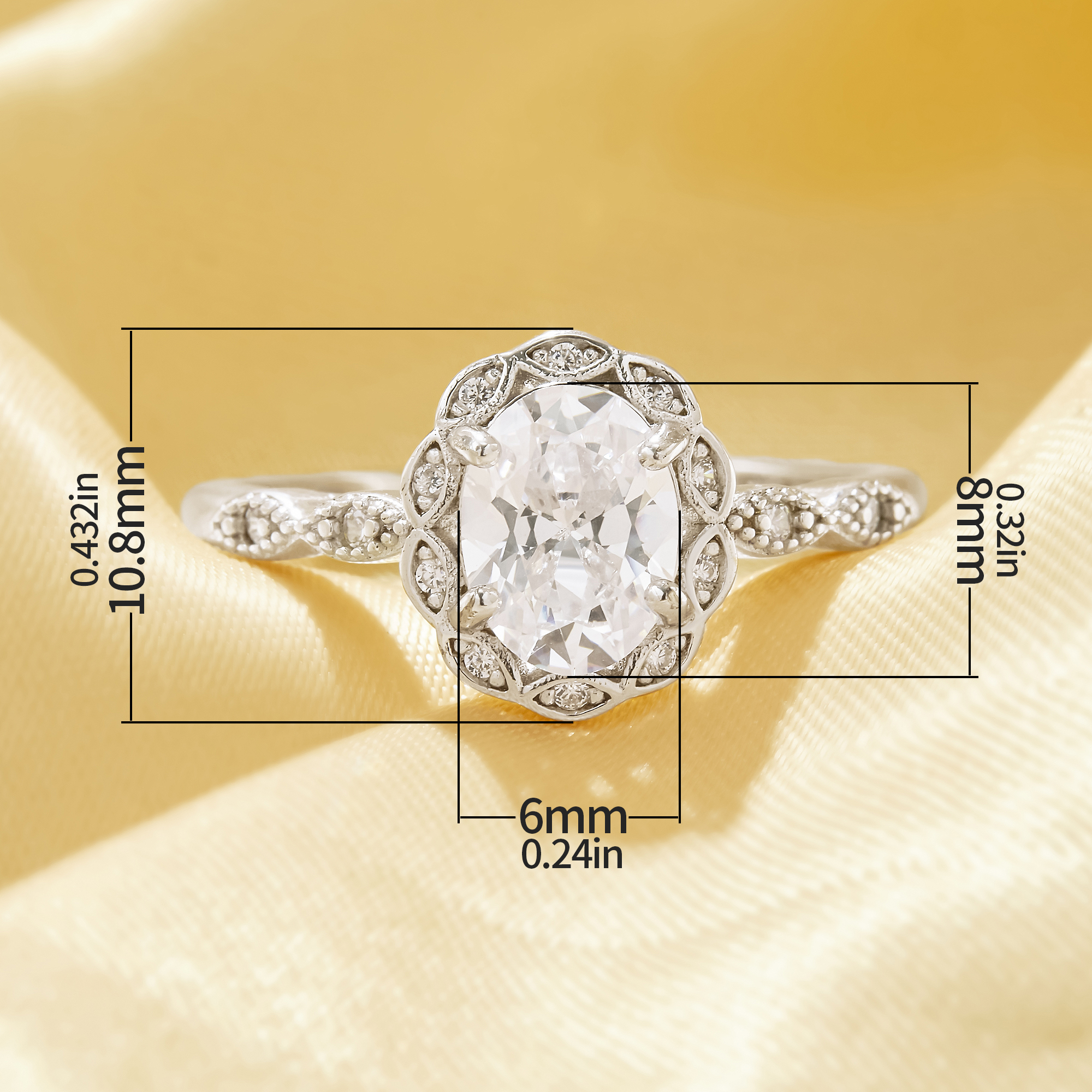 Luxury Oval Simulated Diamond Ring With 6x8MM Oval White Cubic Zirconia,Flower Solid 925 Sterling Silver Ring,Art Deco Oval Ring 6220346 - Click Image to Close