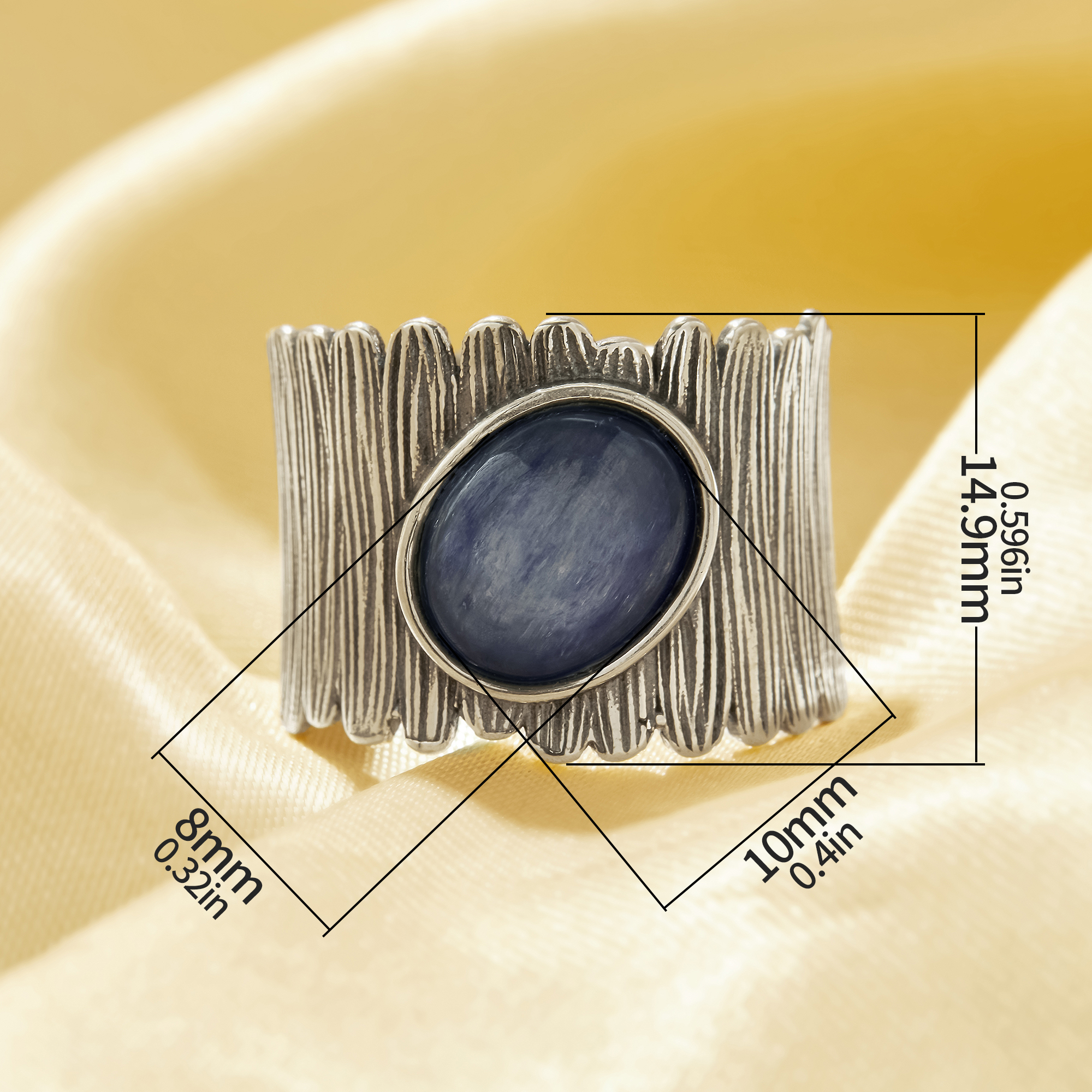 8x10MM Nature Blue Kyanite Cabochon Ring,Vintage Styles Wide Band Ring ,Antiqued Silver Oval Gemstone Adjustable Ring 6220349 - Click Image to Close
