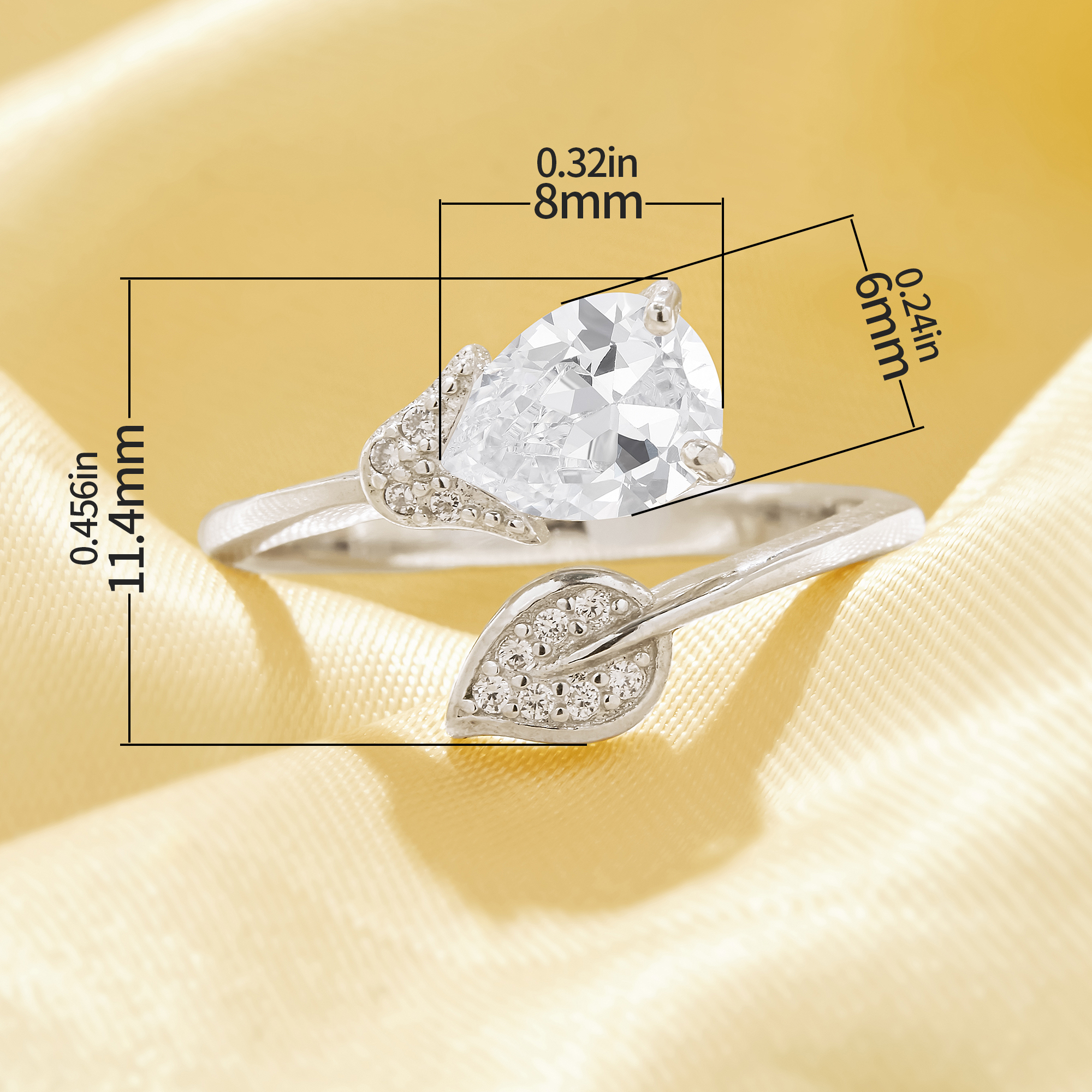 Tree Branch Simulated Diamond Ring With 6x8MM Pear White Cubic Zirconia,Solid 925 Sterling Silver Ring,Adjustable Leaf Ring 6230060 - Click Image to Close