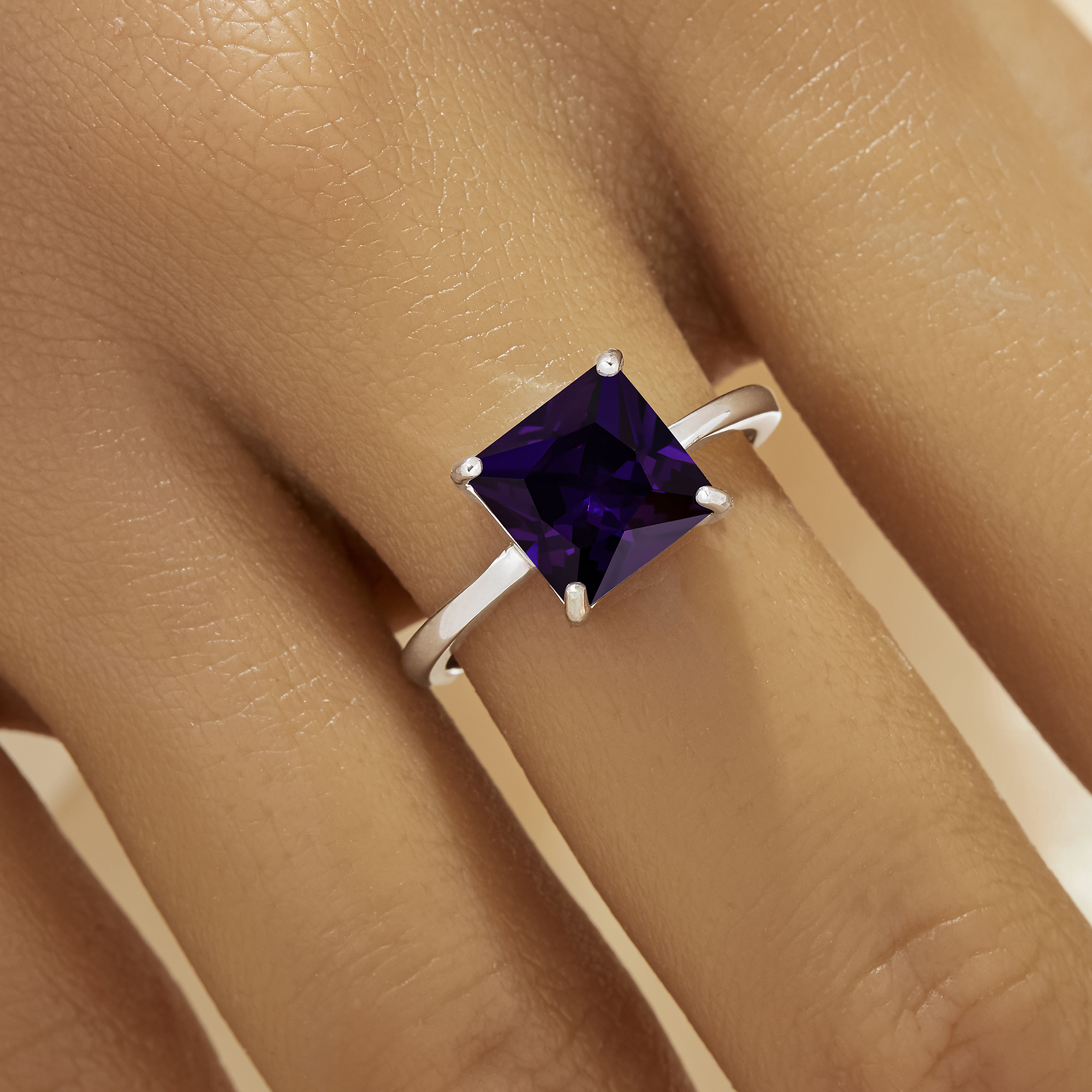 Minimalist Solitaire Square Ring With 8MM Princess Cut Square Purple Cubic Zirconia,Simple Solid 925 Sterling Silver Adjustable Ring 6240035 - Click Image to Close