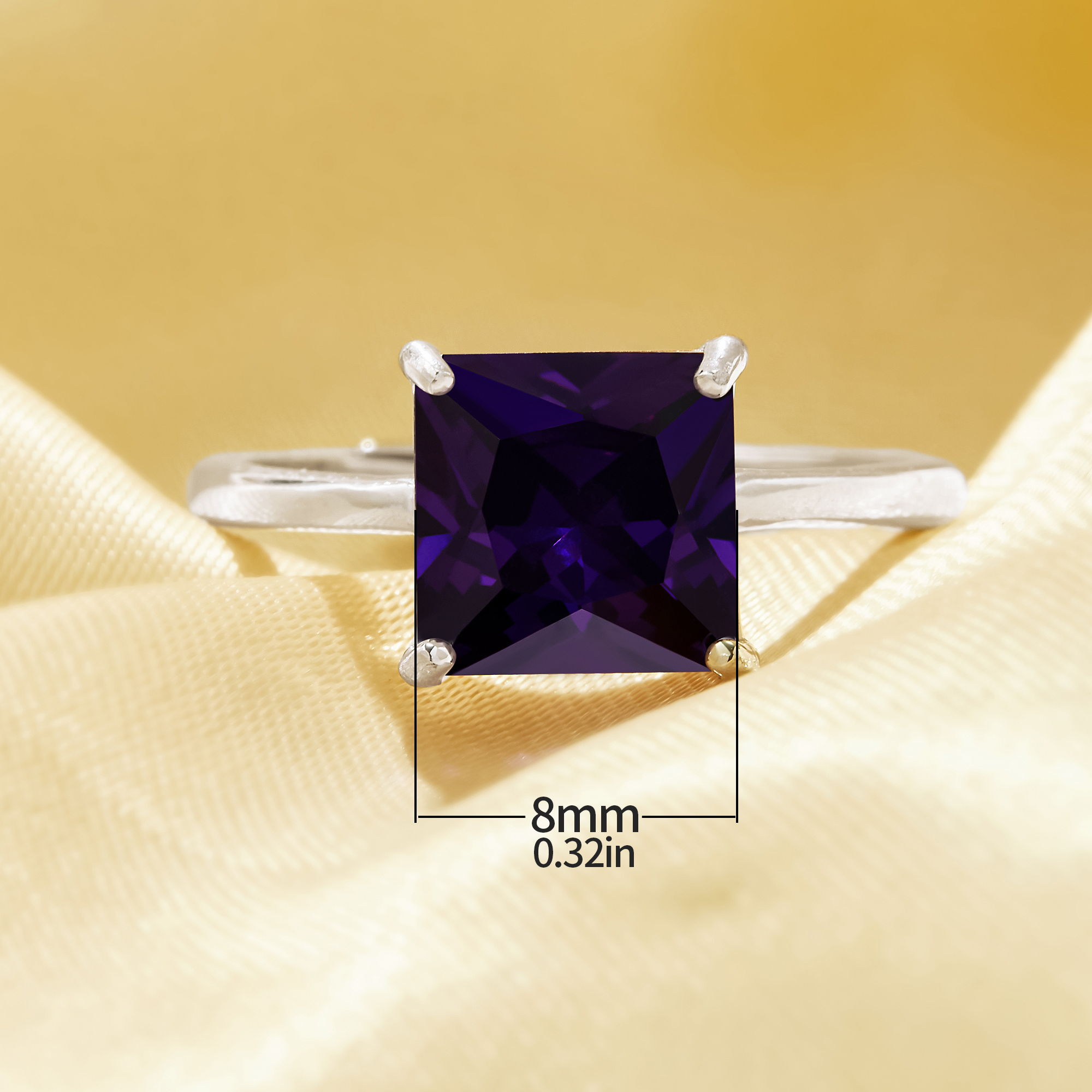 Minimalist Solitaire Square Ring With 8MM Princess Cut Square Purple Cubic Zirconia,Simple Solid 925 Sterling Silver Adjustable Ring 6240035 - Click Image to Close